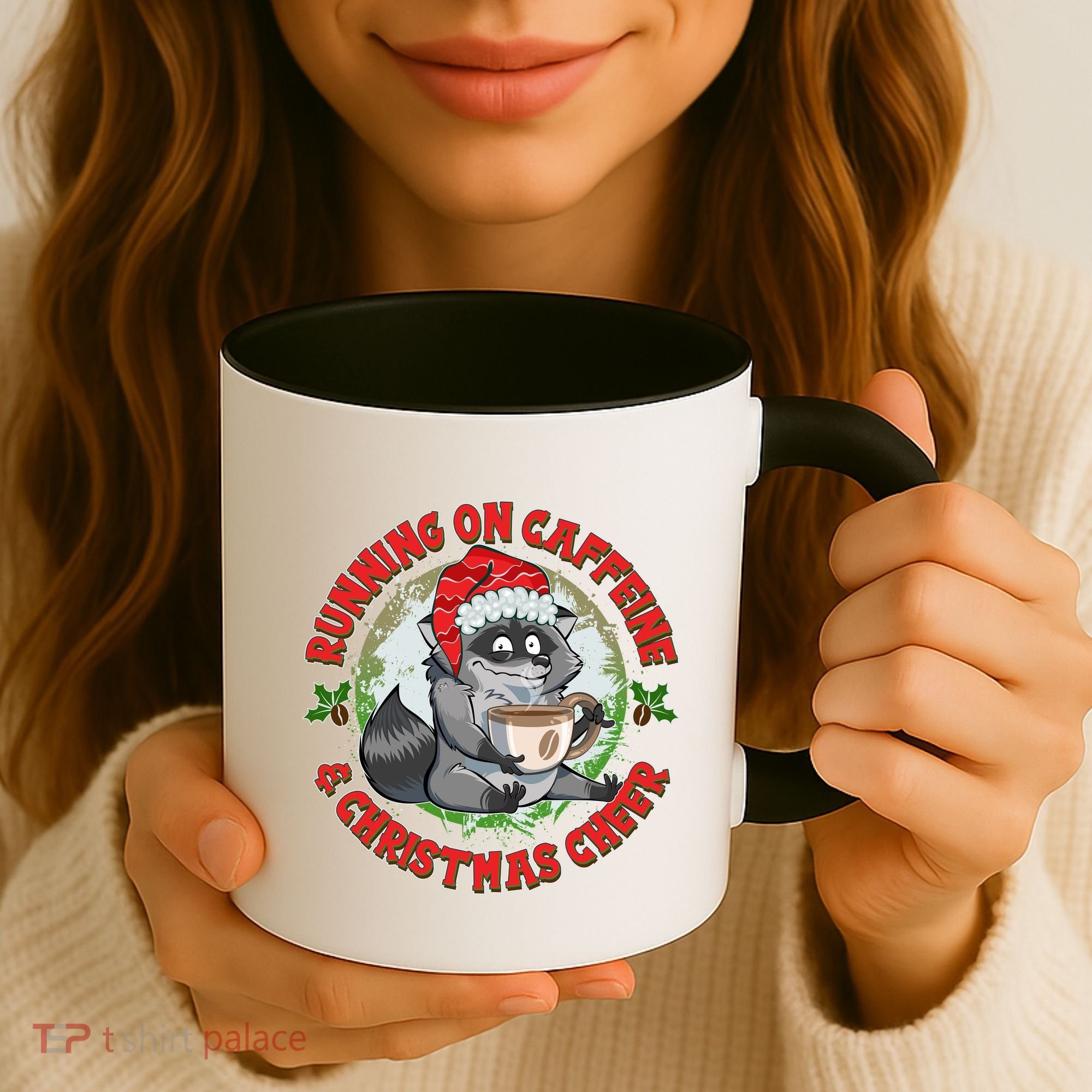 Funny Running On Caffeine And Christmas Cheer Coffee Raccoon Coffee Mug