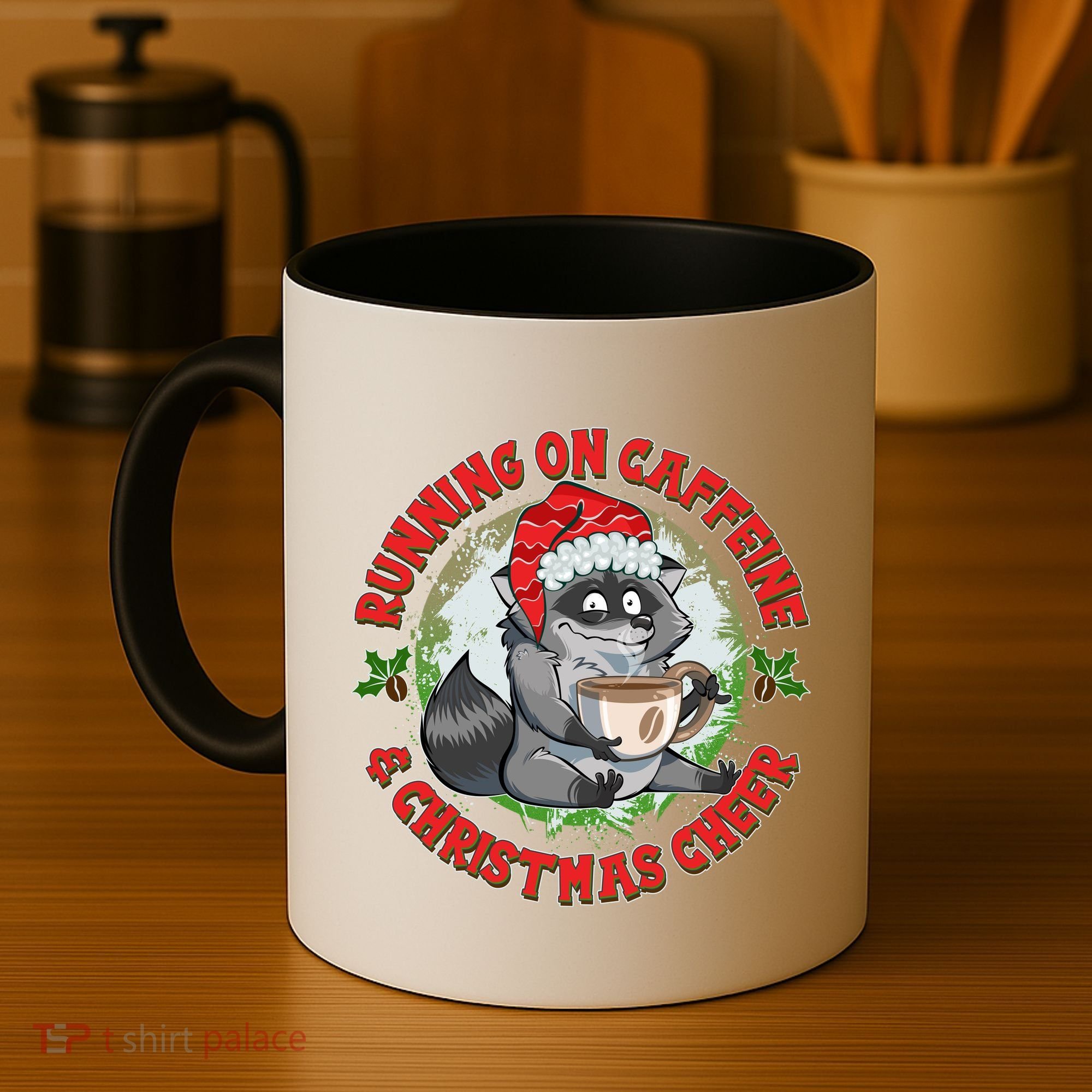 Funny Running On Caffeine And Christmas Cheer Coffee Raccoon Coffee Mug