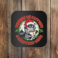 Funny Running On Caffeine And Christmas Cheer Coffee Raccoon Coaster thumb 0