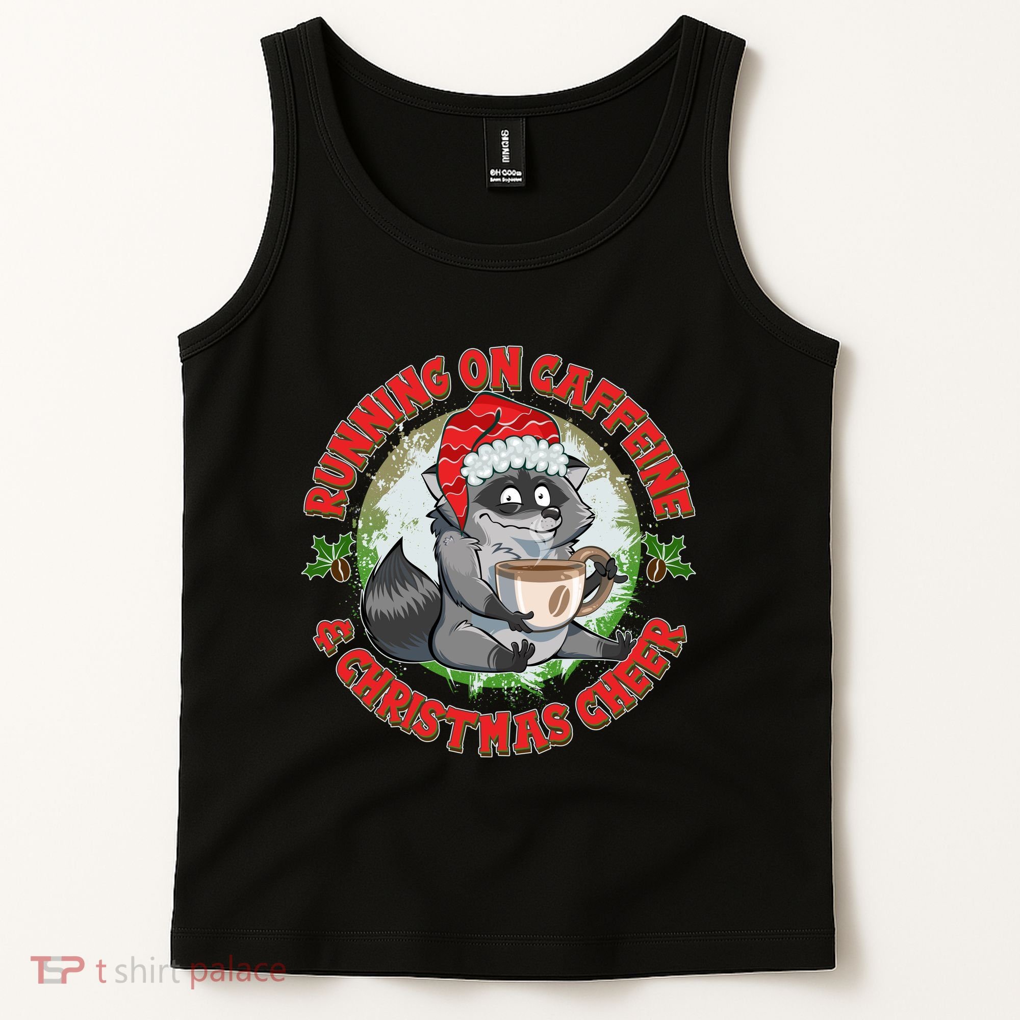 Funny Running On Caffeine And Christmas Cheer Coffee Raccoon Tank Top