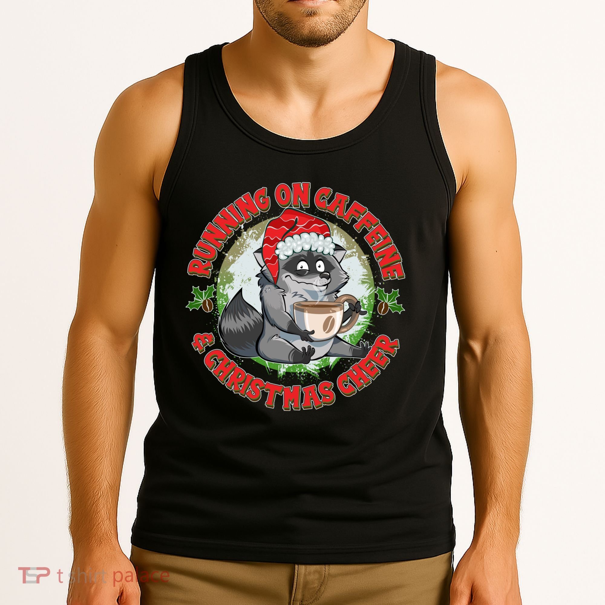 Funny Running On Caffeine And Christmas Cheer Coffee Raccoon Tank Top