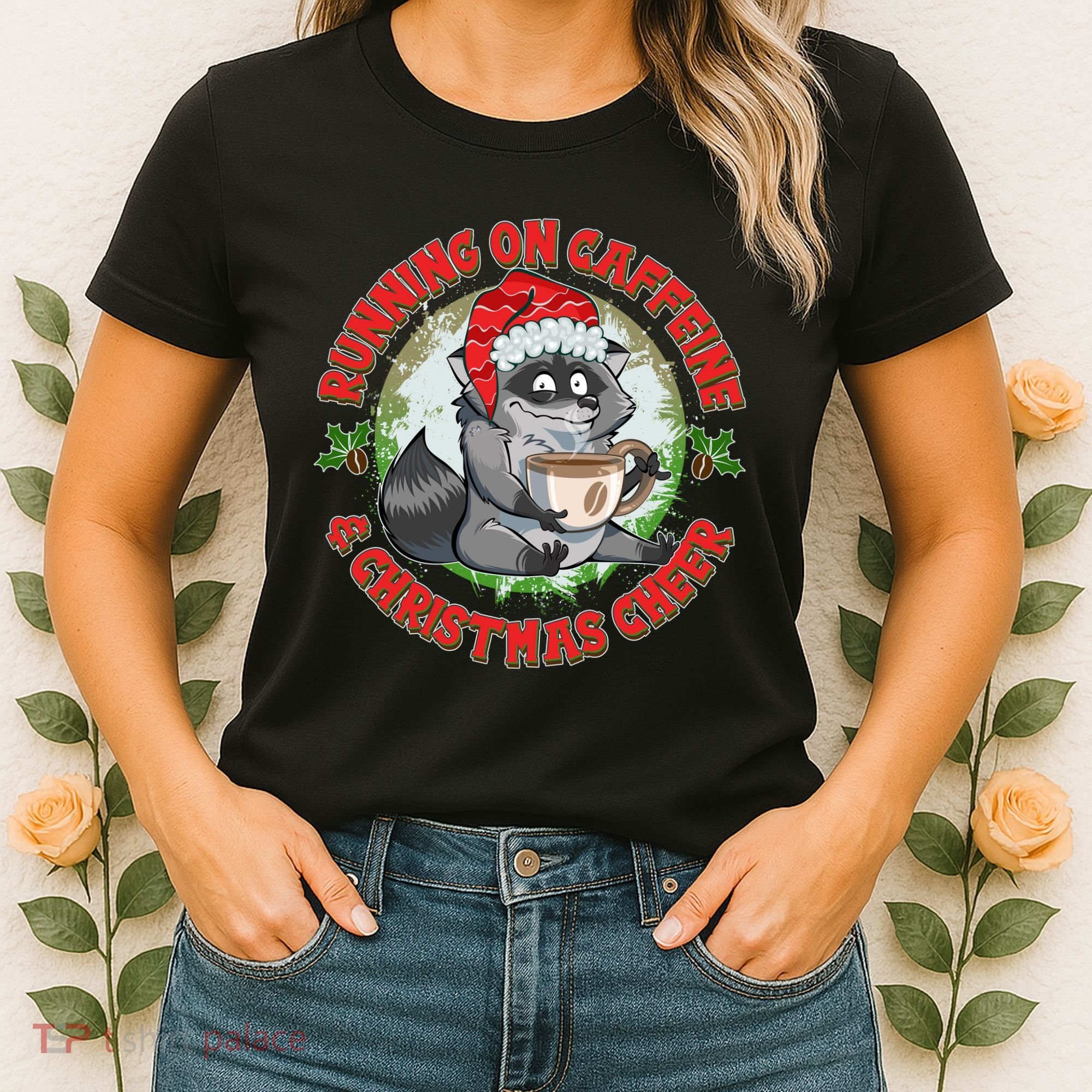 Funny Running On Caffeine And Christmas Cheer Coffee Raccoon Women's T-Shirt