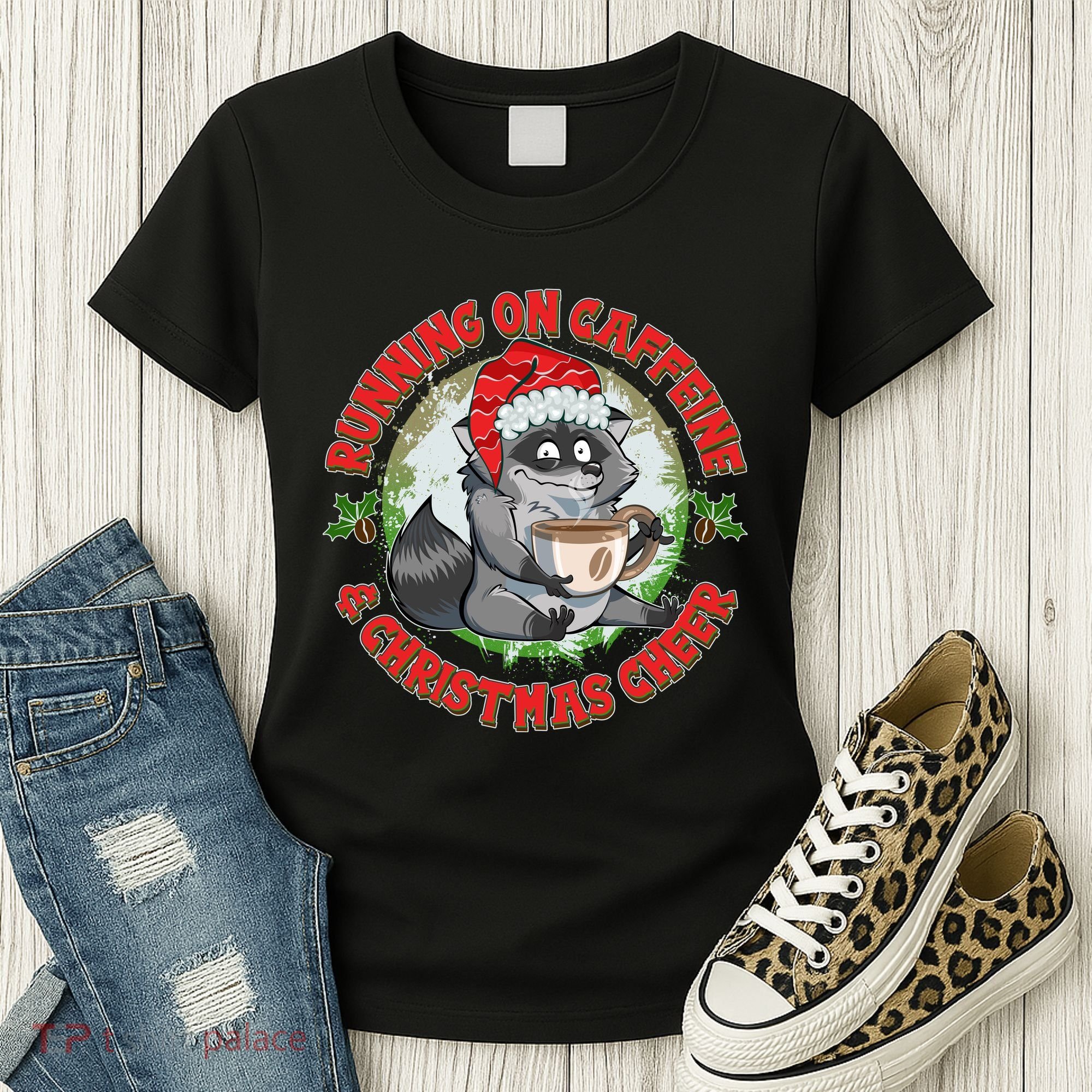 Funny Running On Caffeine And Christmas Cheer Coffee Raccoon Women's T-Shirt