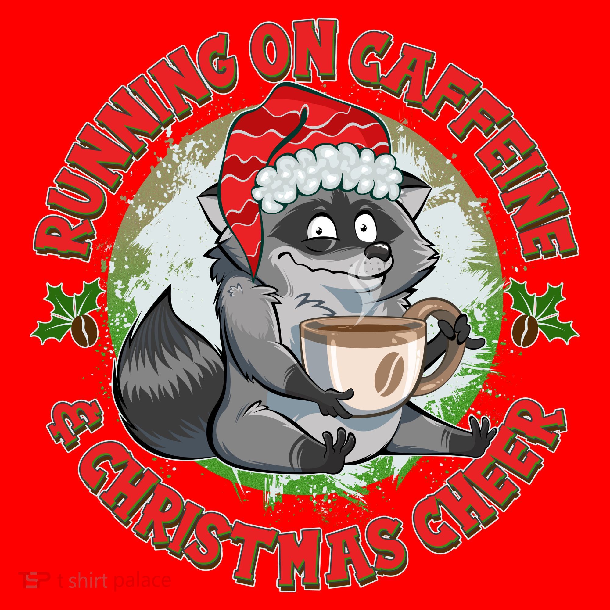 Funny Running On Caffeine And Christmas Cheer Coffee Raccoon Santa Hat