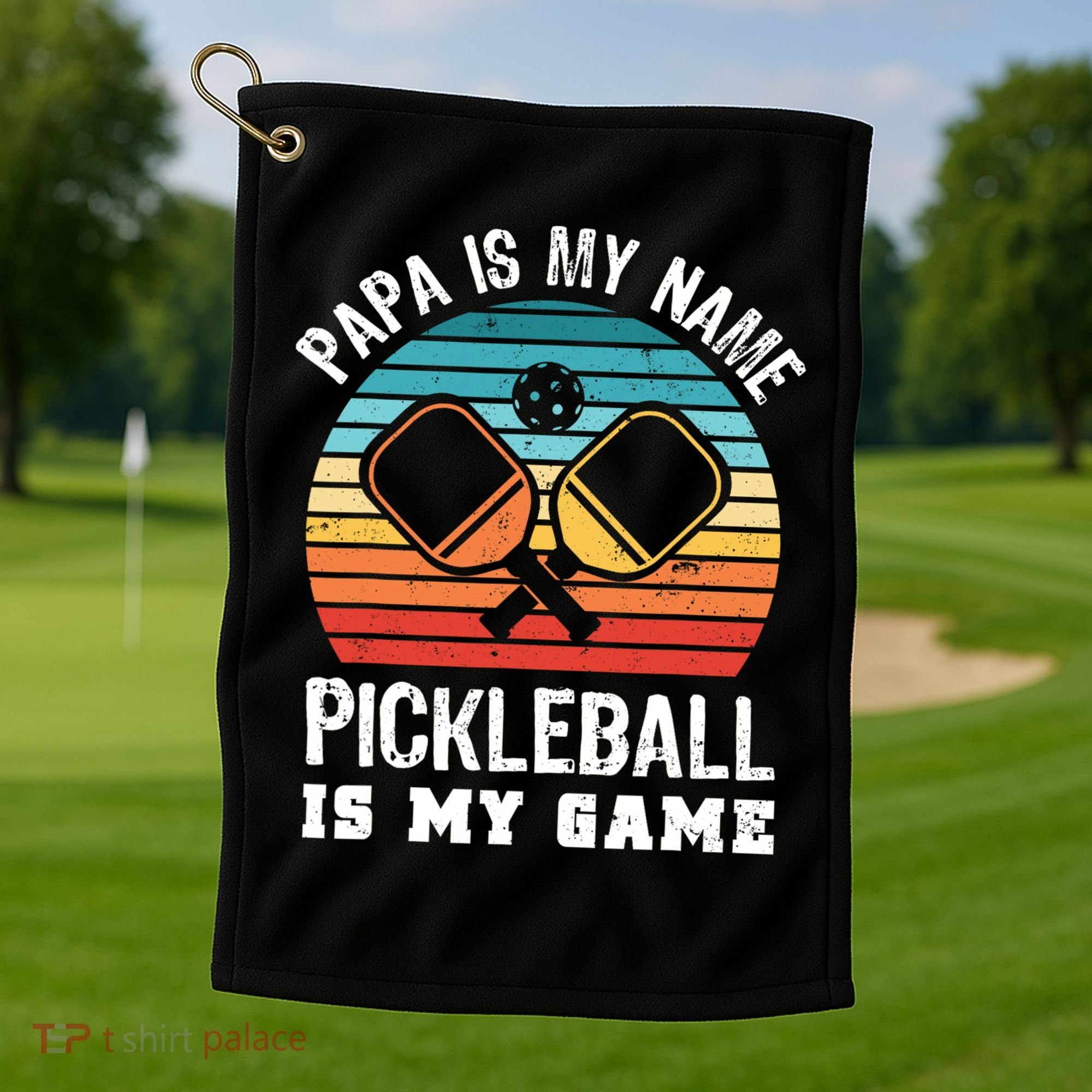 Funny Retro Papa Pickleball Sunset Gift Golf Towel