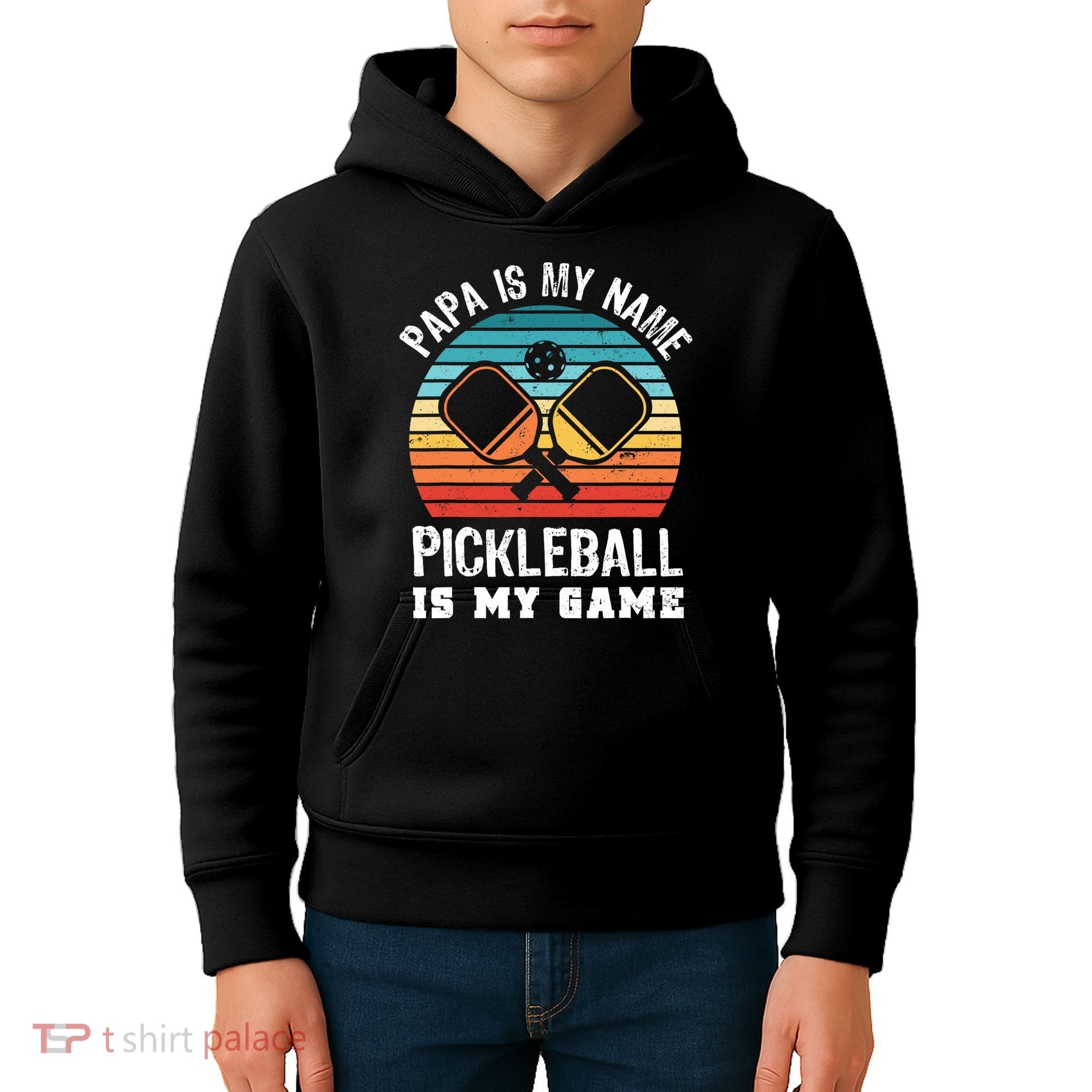 Funny Retro Papa Pickleball Sunset Gift Kids Hoodie