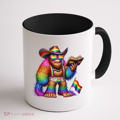 Funny Rainbow Pride Bigfoot Reading Book With Heart Glasses Coffee Mug back