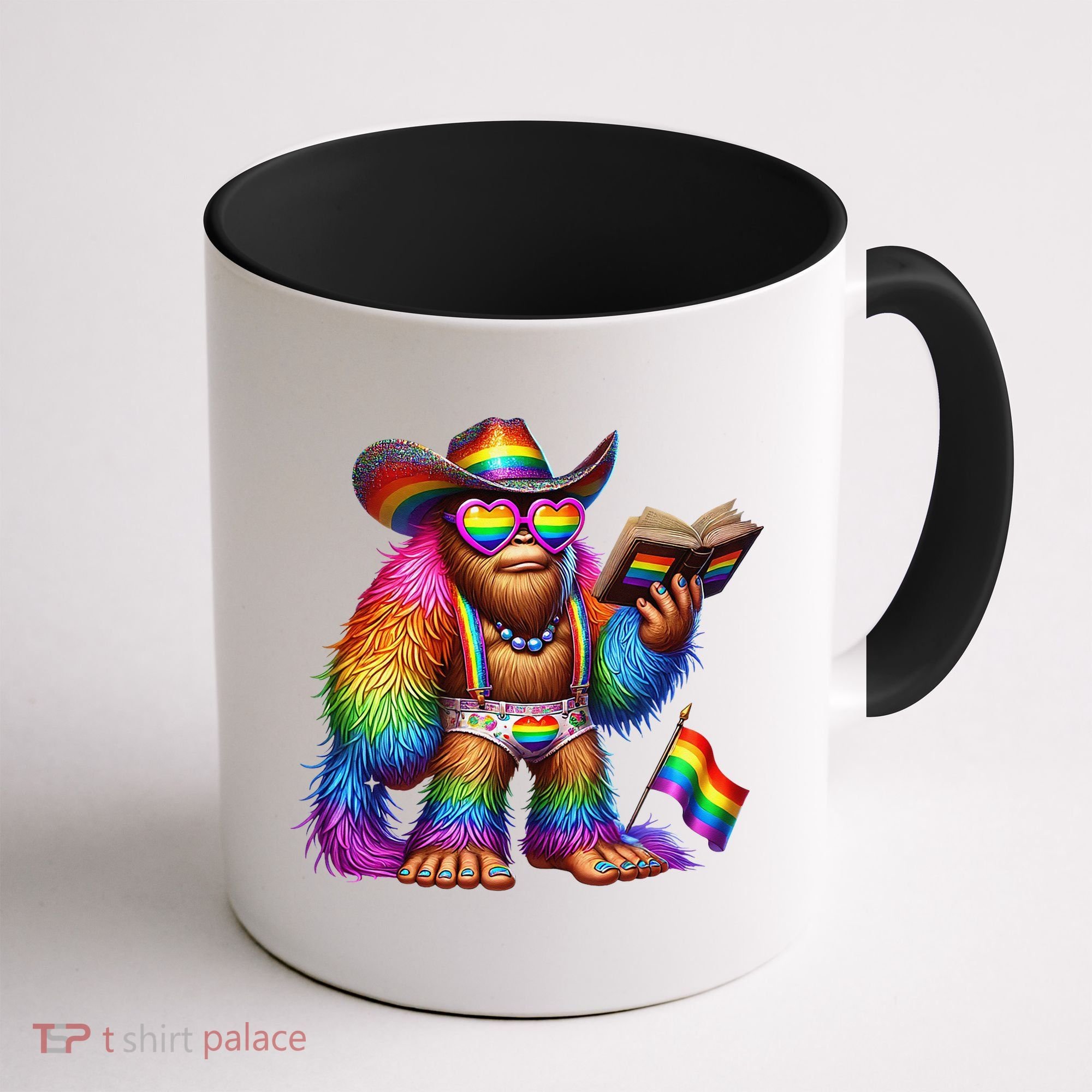Funny Rainbow Pride Bigfoot Reading Book With Heart Glasses Coffee Mug