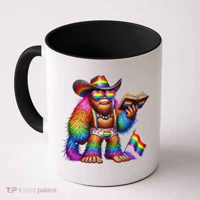 Funny Rainbow Pride Bigfoot Reading Book With Heart Glasses Coffee Mug