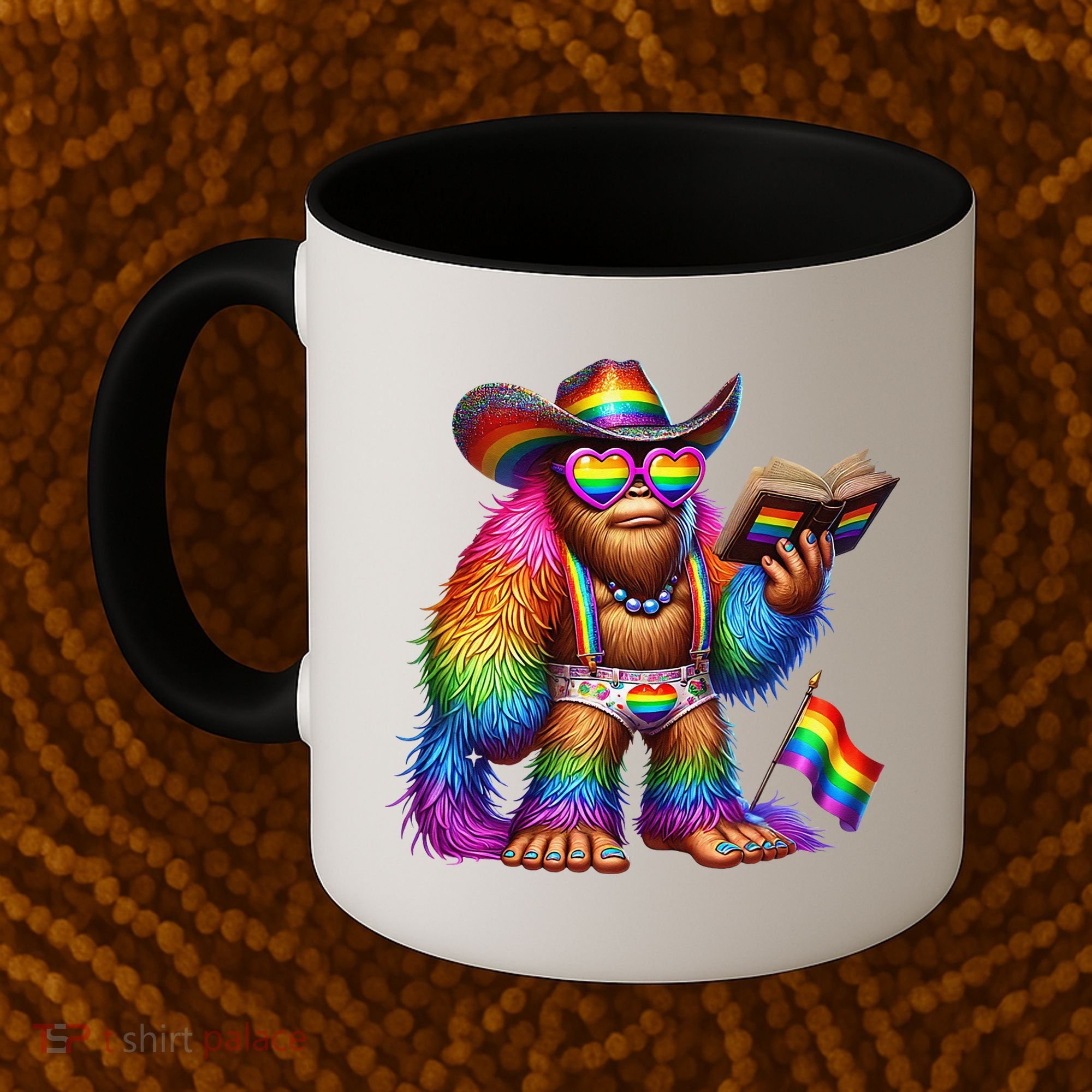 Funny Rainbow Pride Bigfoot Reading Book With Heart Glasses Coffee Mug