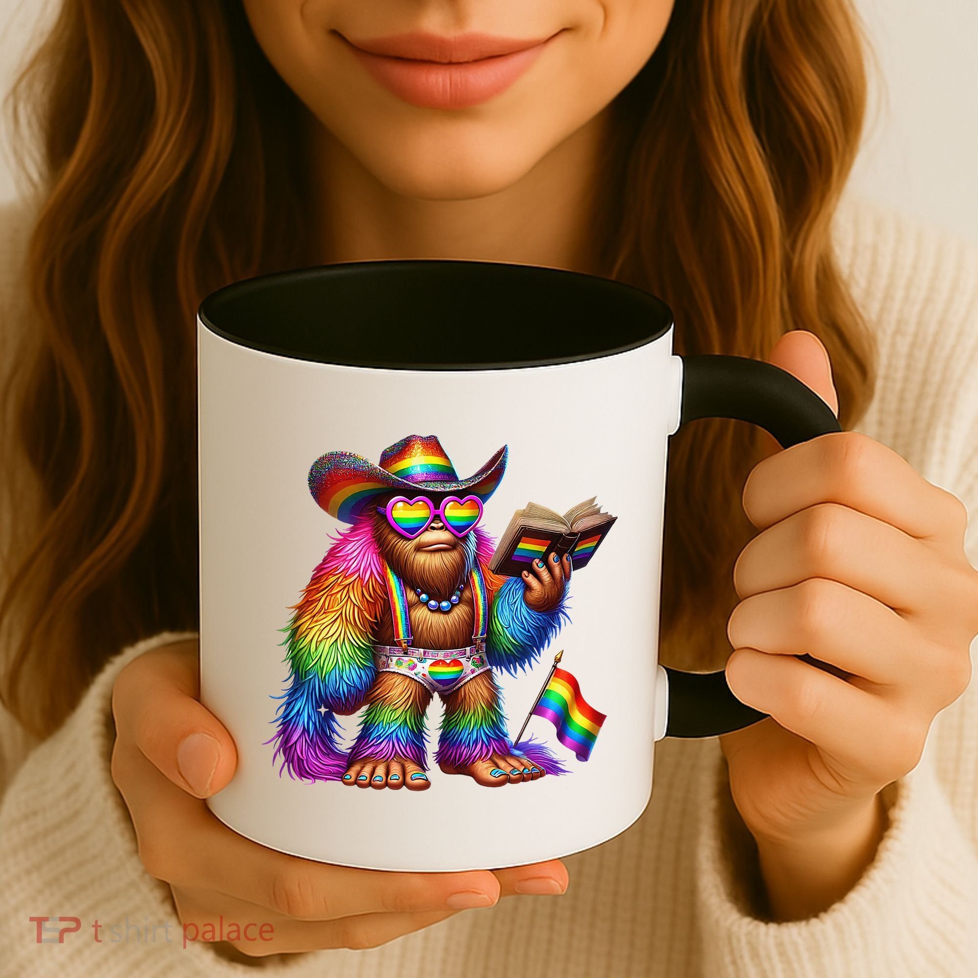 Funny Rainbow Pride Bigfoot Reading Book With Heart Glasses Coffee Mug