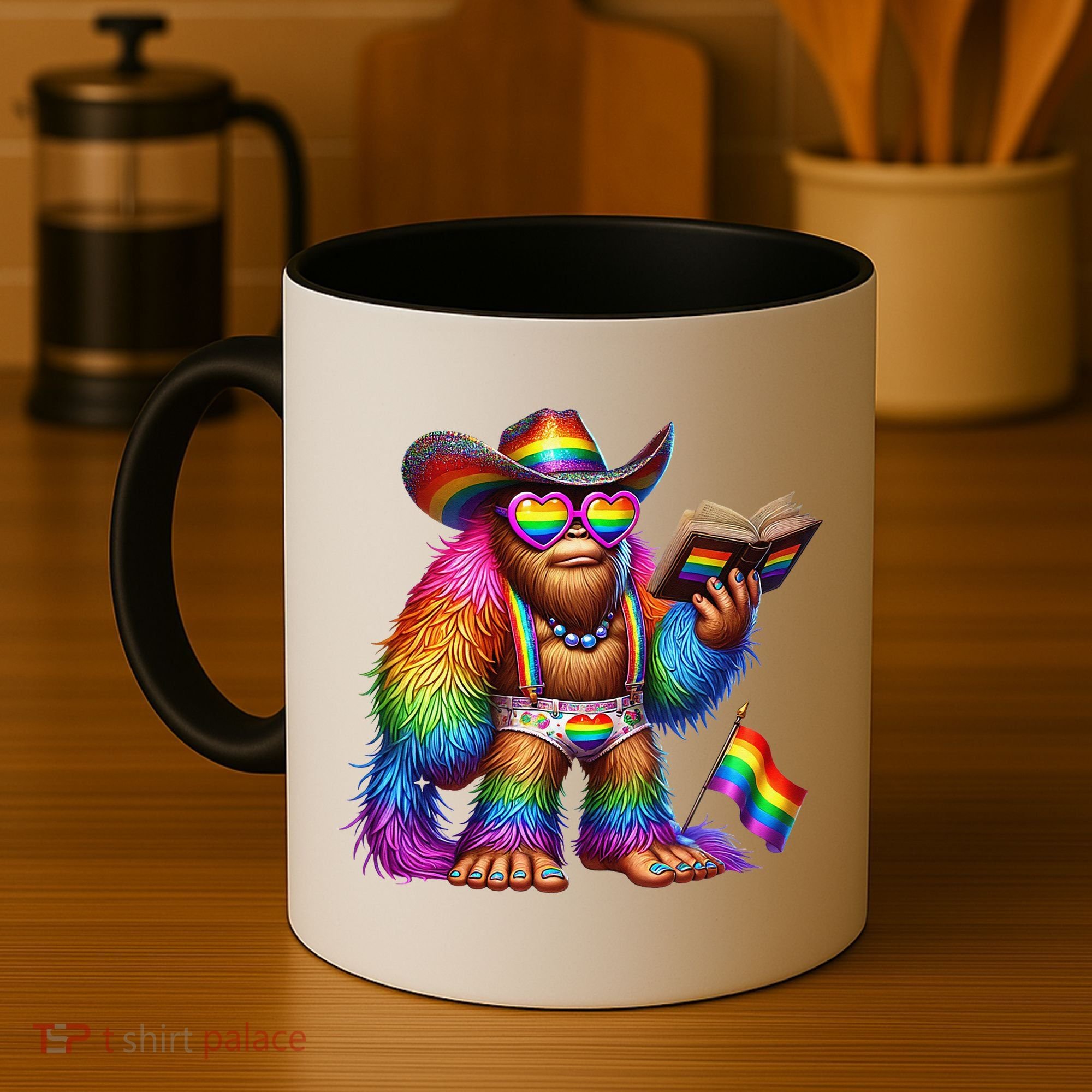Funny Rainbow Pride Bigfoot Reading Book With Heart Glasses Coffee Mug