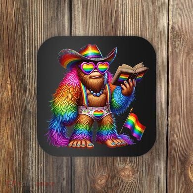 Funny Rainbow Pride Bigfoot Reading Book With Heart Glasses Coaster