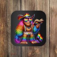 Funny Rainbow Pride Bigfoot Reading Book With Heart Glasses Coaster thumb 0
