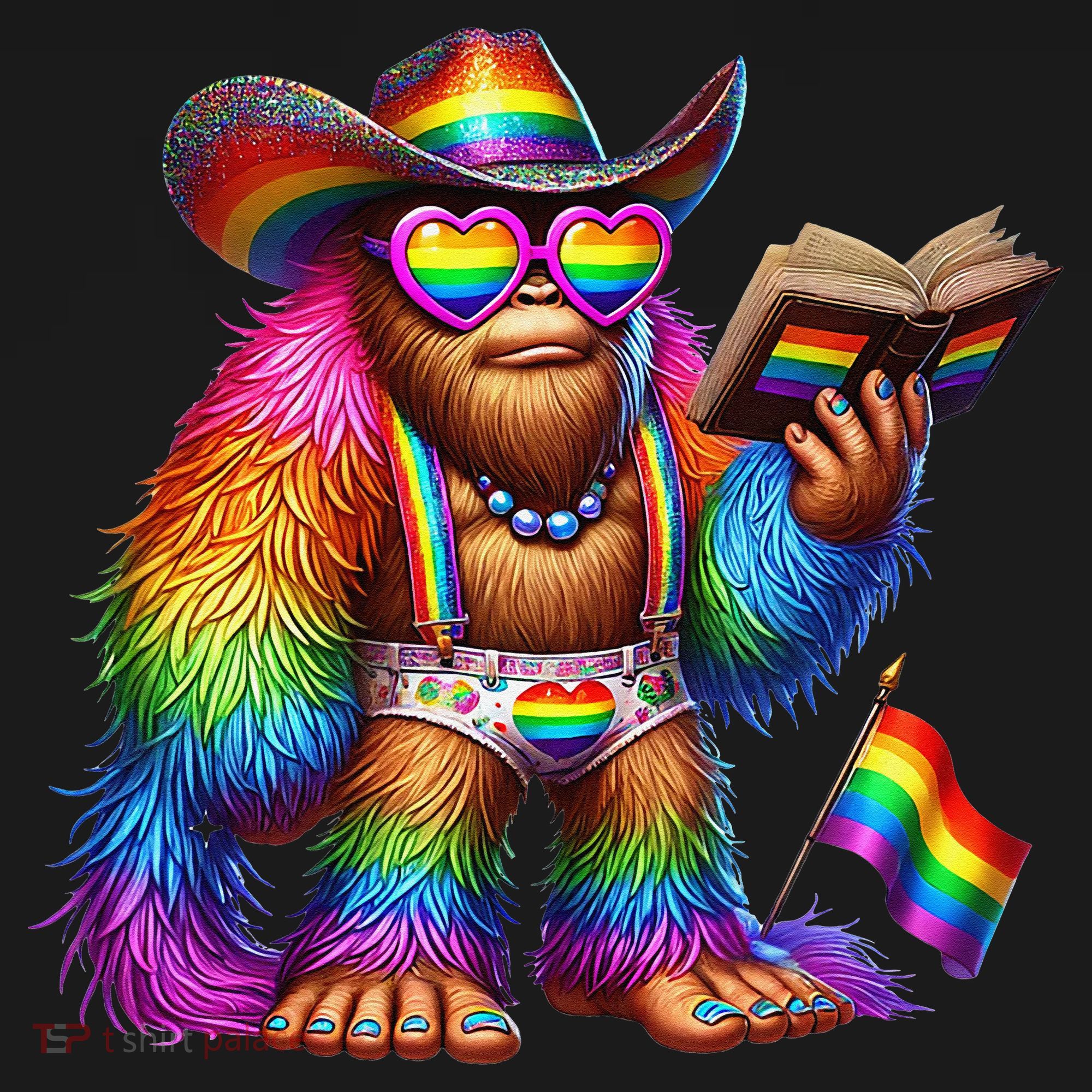 Funny Rainbow Pride Bigfoot Reading Book With Heart Glasses Coaster