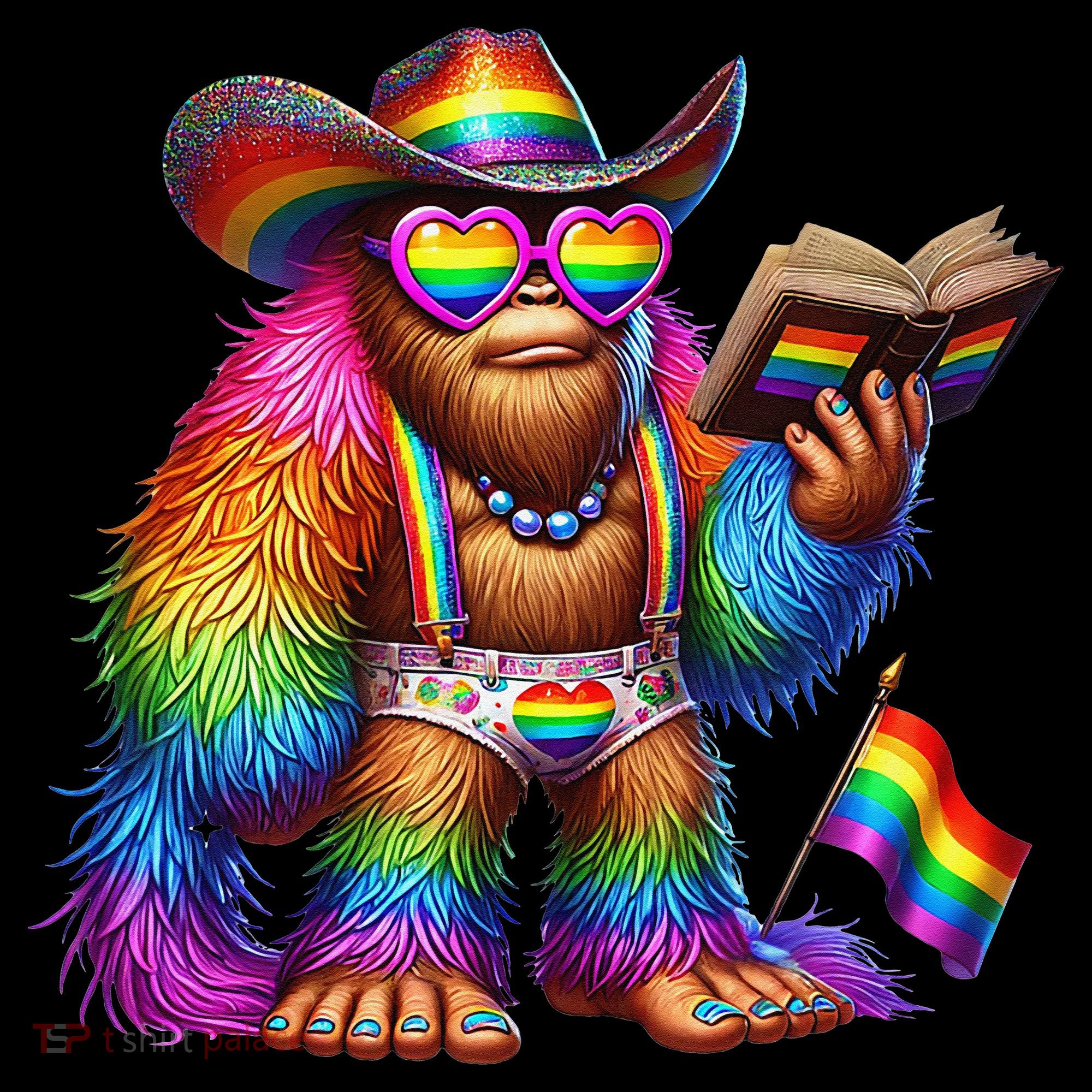 Funny Rainbow Pride Bigfoot Reading Book With Heart Glasses Women's Hoodie