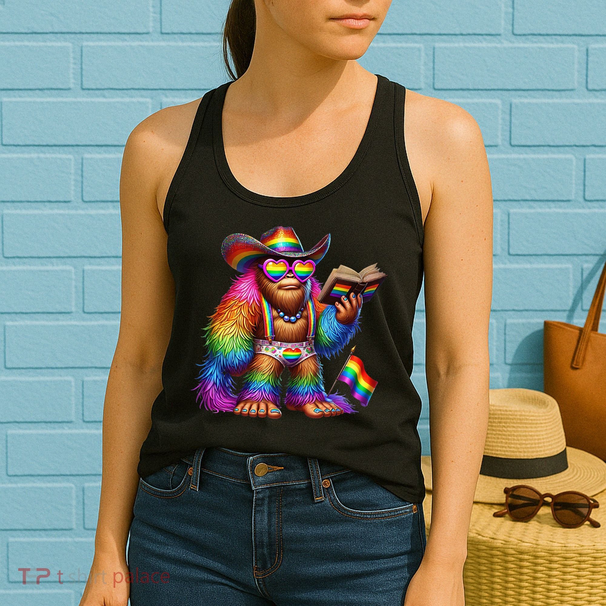 Funny Rainbow Pride Bigfoot Reading Book With Heart Glasses Women's Tank Top
