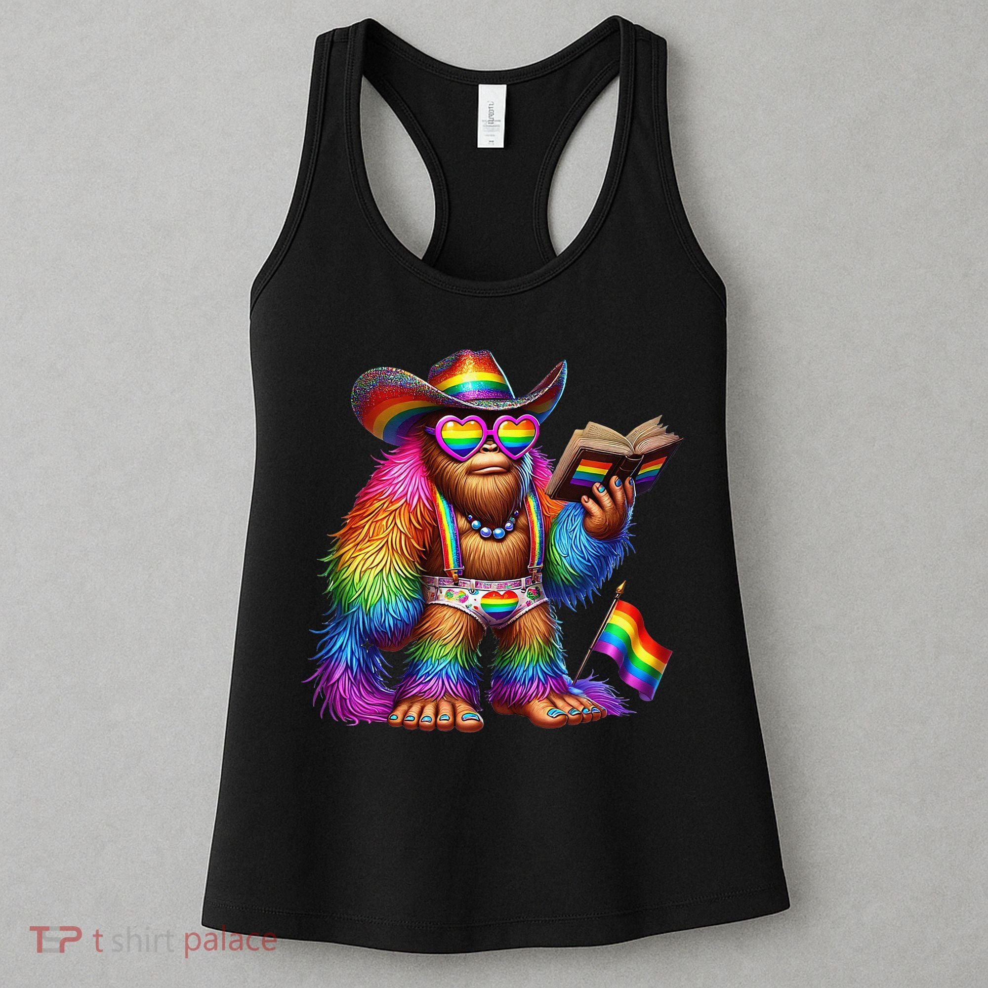 Funny Rainbow Pride Bigfoot Reading Book With Heart Glasses Women's Tank Top