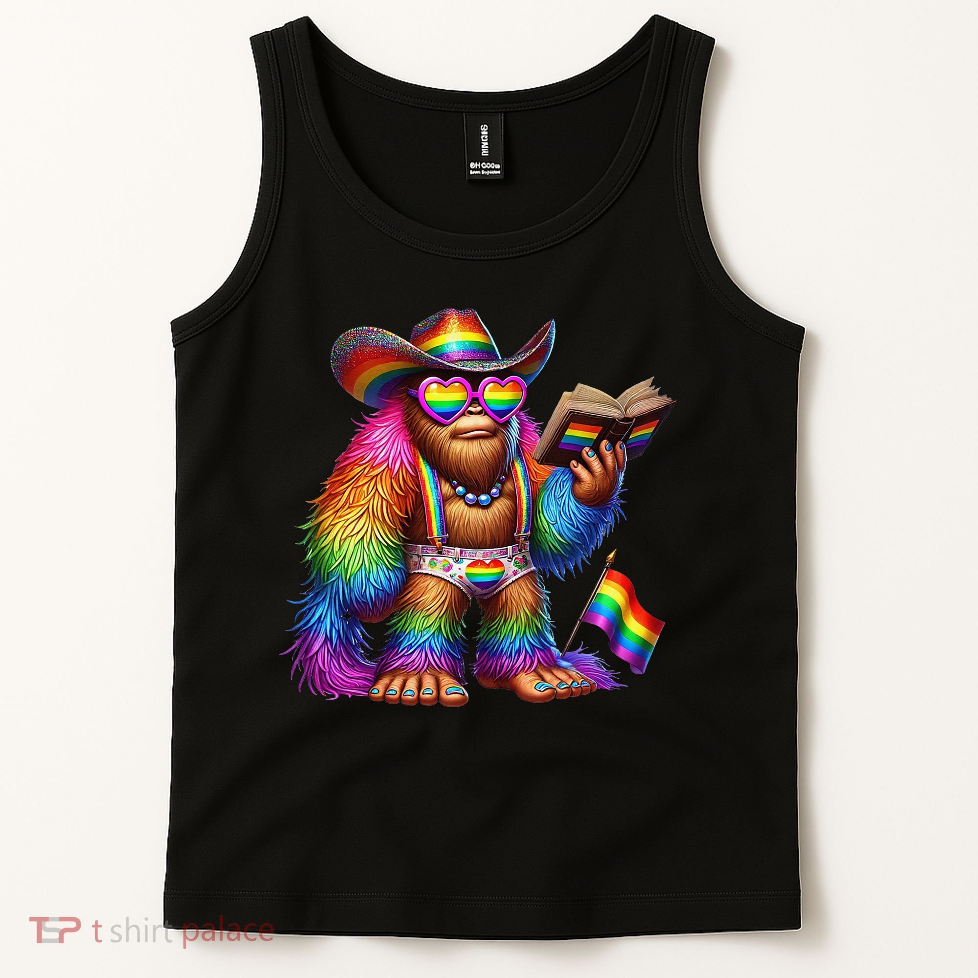 Funny Rainbow Pride Bigfoot Reading Book With Heart Glasses Tank Top