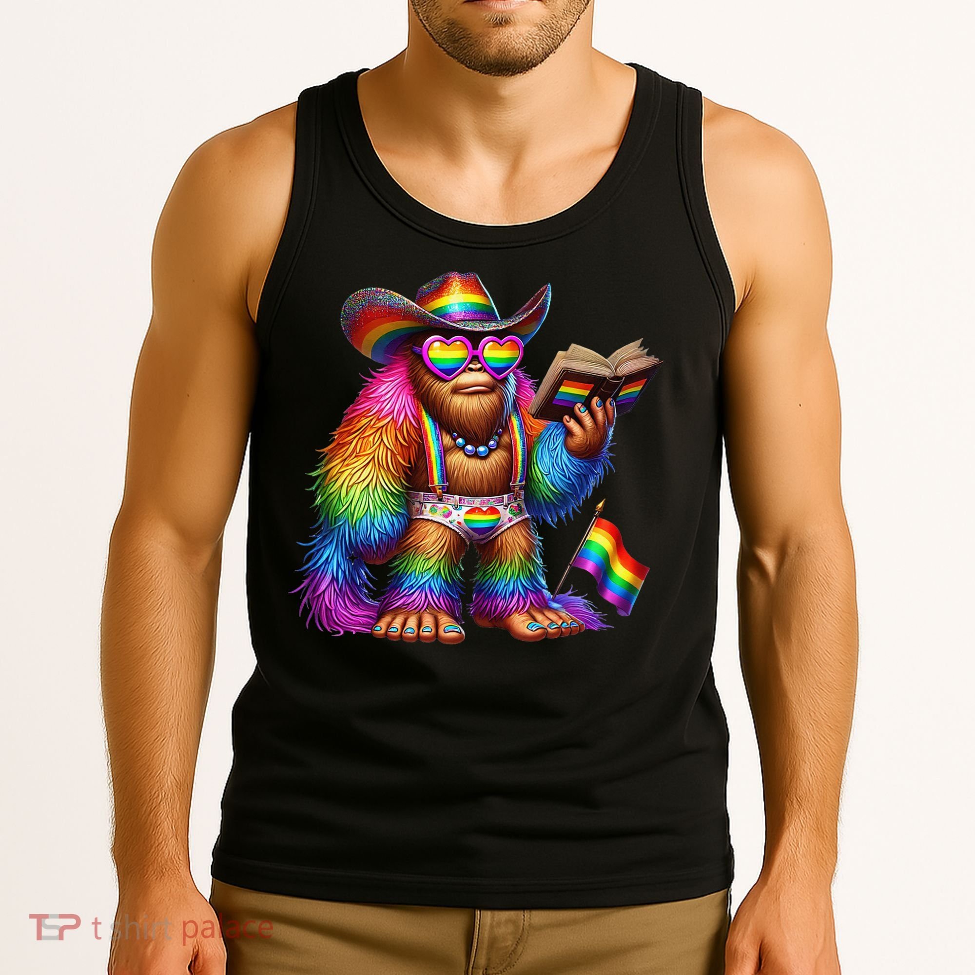 Funny Rainbow Pride Bigfoot Reading Book With Heart Glasses Tank Top