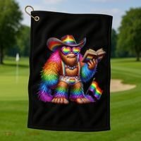 Funny Rainbow Pride Bigfoot Reading Book With Heart Glasses Golf Towel thumb 1