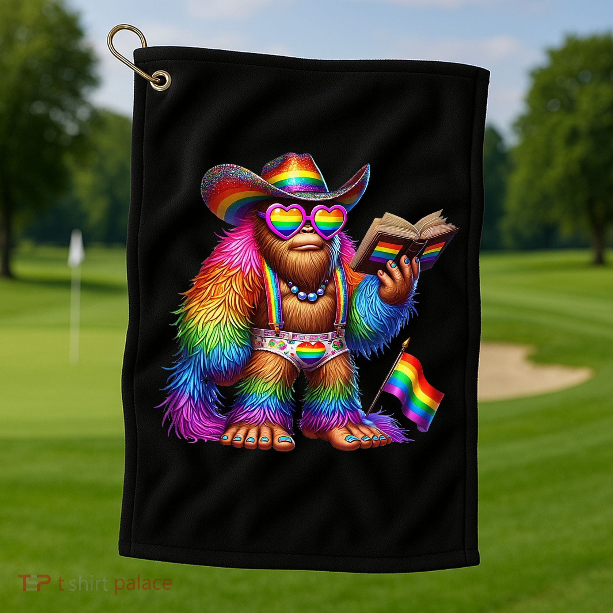 Funny Rainbow Pride Bigfoot Reading Book With Heart Glasses Golf Towel