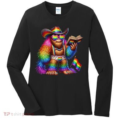 Funny Rainbow Pride Bigfoot Reading Book With Heart Glasses Women's Long Sleeve Shirt