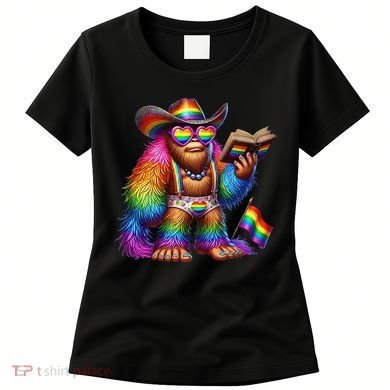 Funny Rainbow Pride Bigfoot Reading Book With Heart Glasses Women's T-Shirt