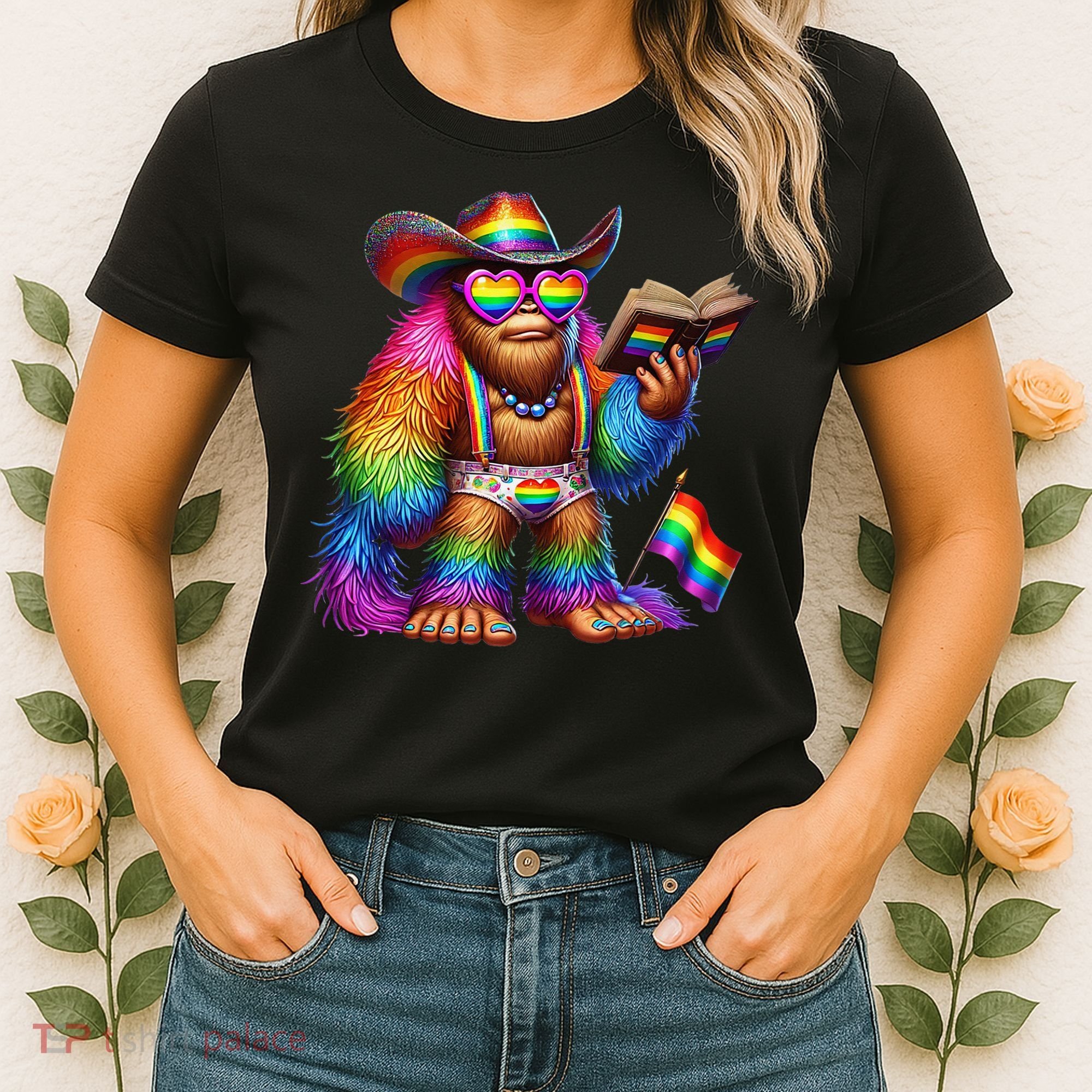 Funny Rainbow Pride Bigfoot Reading Book With Heart Glasses Women's T-Shirt