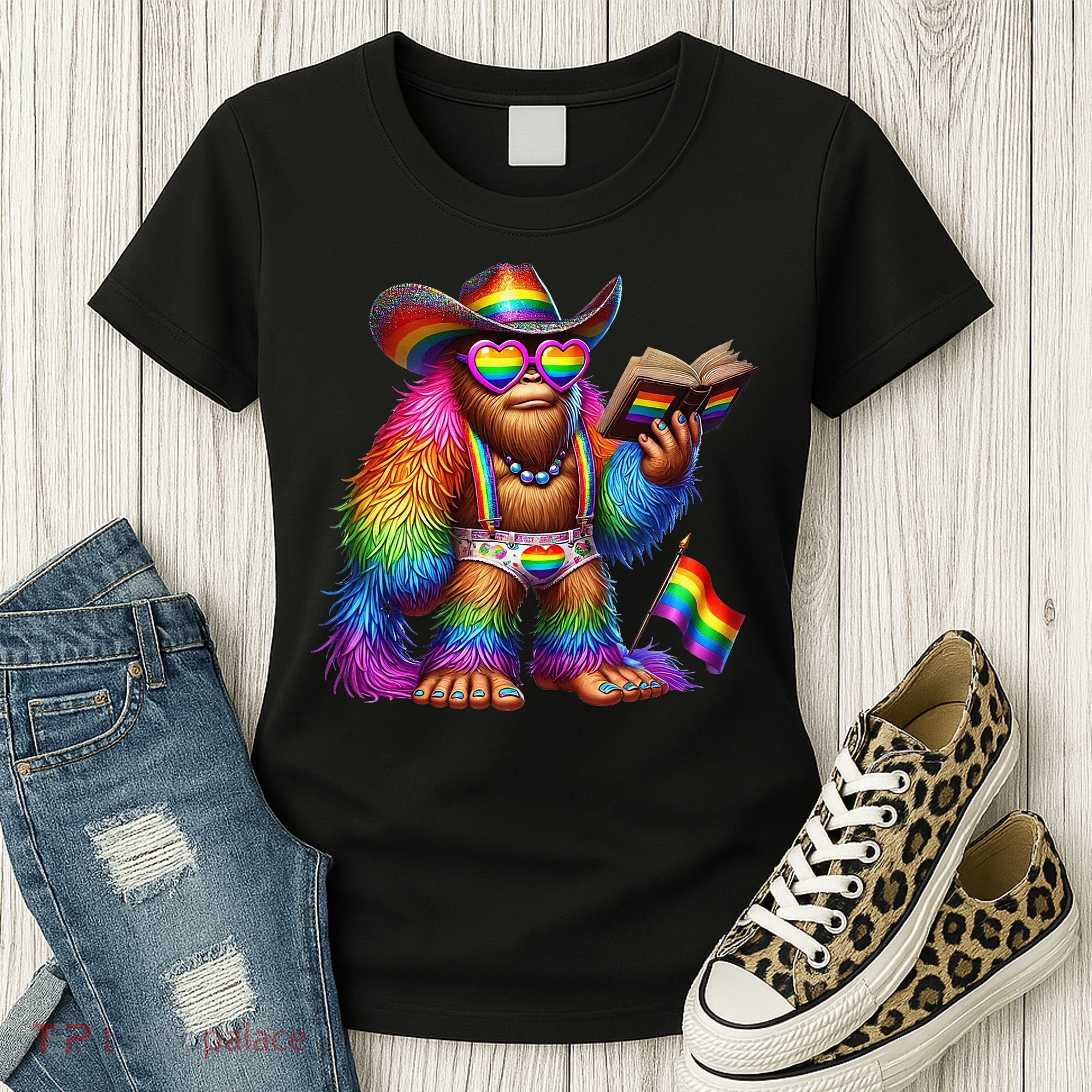 Funny Rainbow Pride Bigfoot Reading Book With Heart Glasses Women's T-Shirt