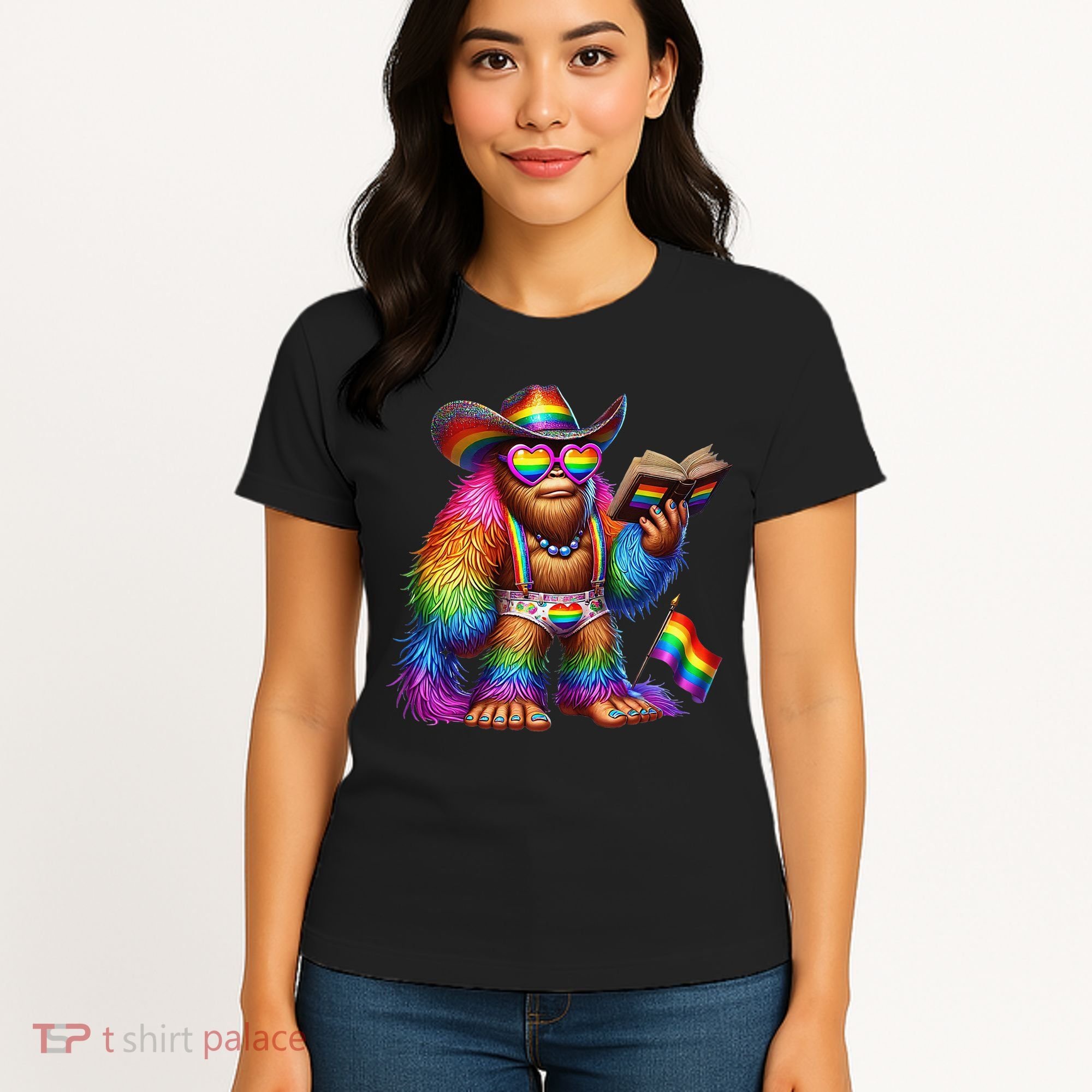 Funny Rainbow Pride Bigfoot Reading Book With Heart Glasses Women's T-Shirt