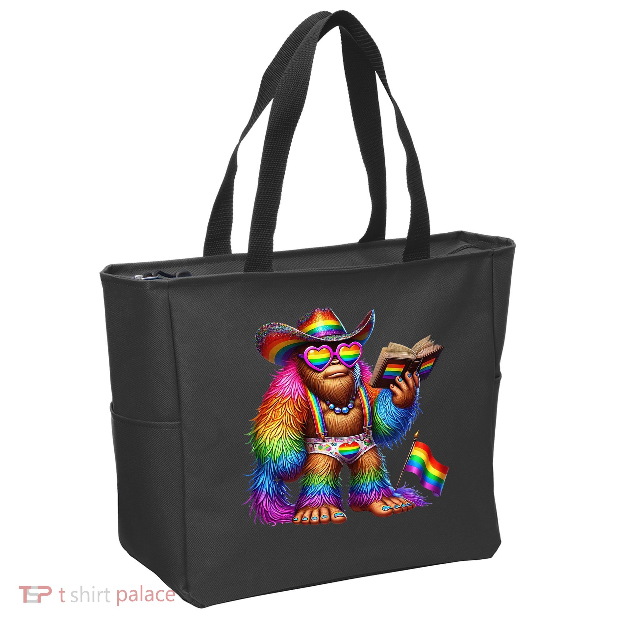 Funny Rainbow Pride Bigfoot Reading Book With Heart Glasses Tote Bag