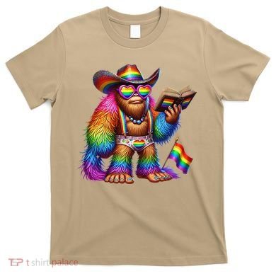 Funny Rainbow Pride Bigfoot Reading Book With Heart Glasses T-Shirt