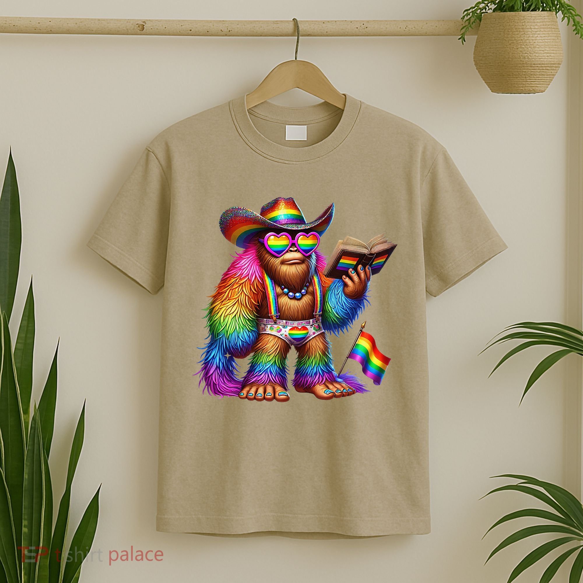 Funny Rainbow Pride Bigfoot Reading Book With Heart Glasses T-Shirt