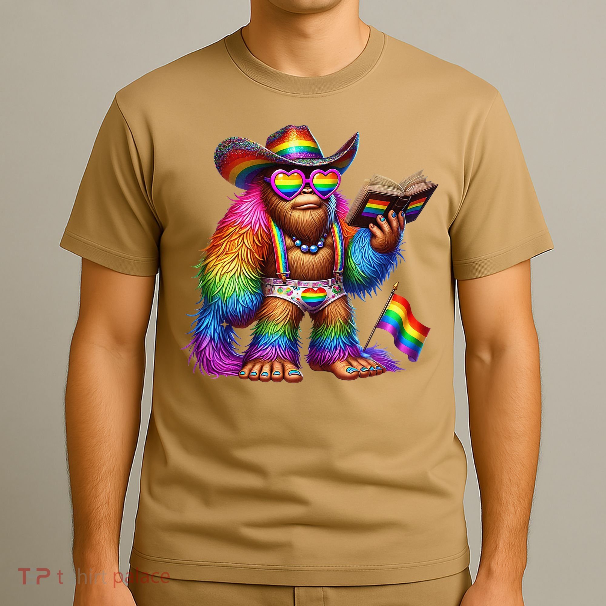 Funny Rainbow Pride Bigfoot Reading Book With Heart Glasses T-Shirt