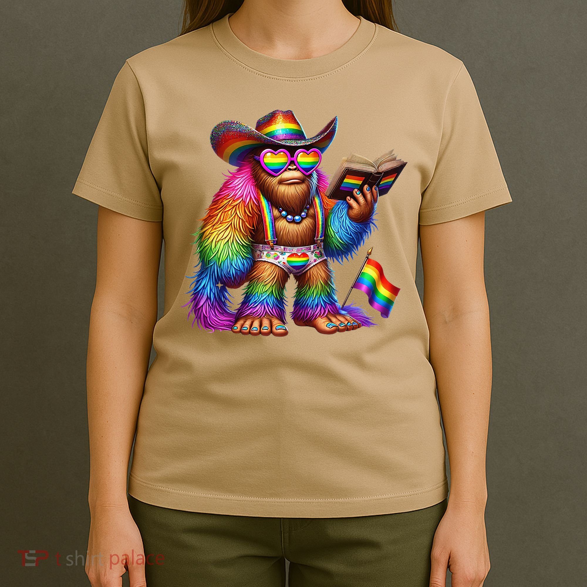 Funny Rainbow Pride Bigfoot Reading Book With Heart Glasses T-Shirt