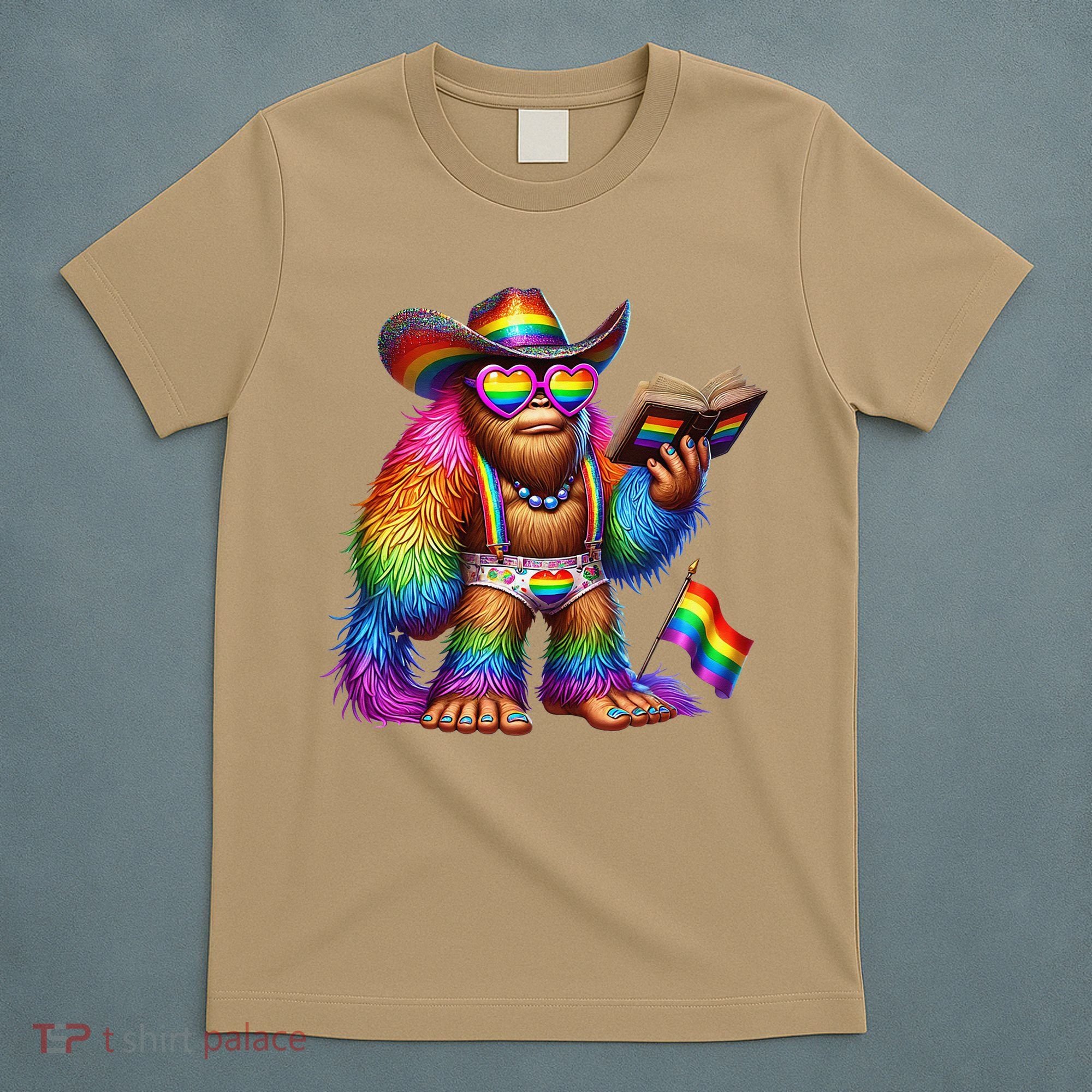Funny Rainbow Pride Bigfoot Reading Book With Heart Glasses T-Shirt