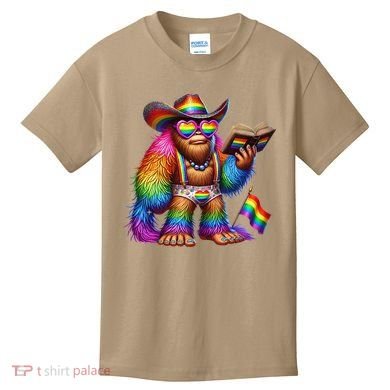 Funny Rainbow Pride Bigfoot Reading Book With Heart Glasses Kids T-Shirt