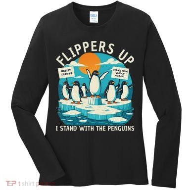 Funny Resist Penguins Protest Penguin Against Tariffs Women's Long Sleeve Shirt