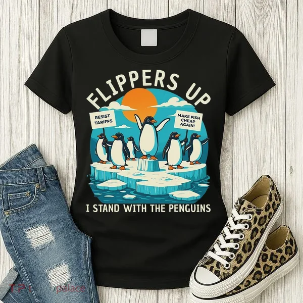 Funny Resist Penguins Protest Penguin Against Tariffs Women's T-Shirt