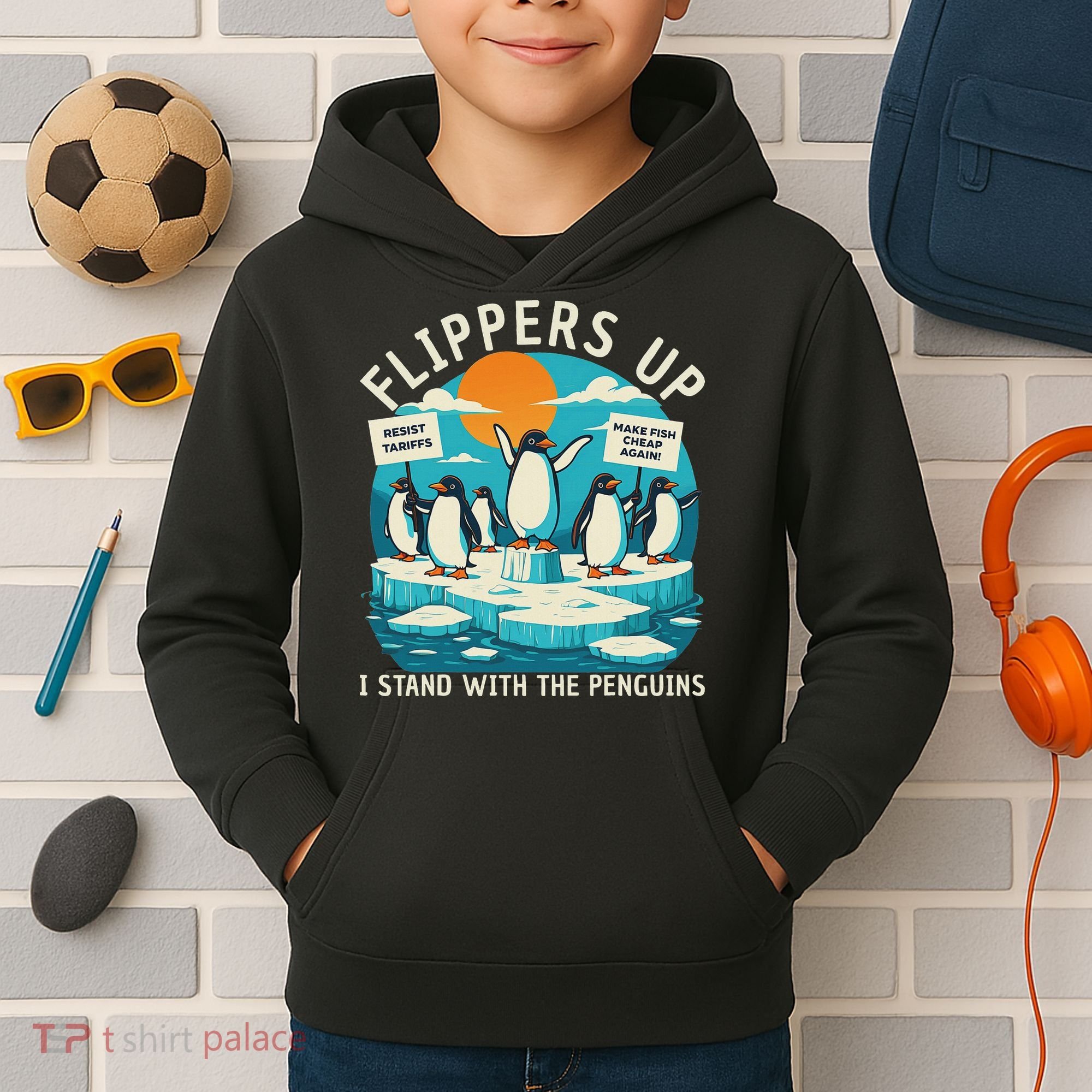 Funny Resist Penguins Protest Penguin Against Tariffs Kids Hoodie