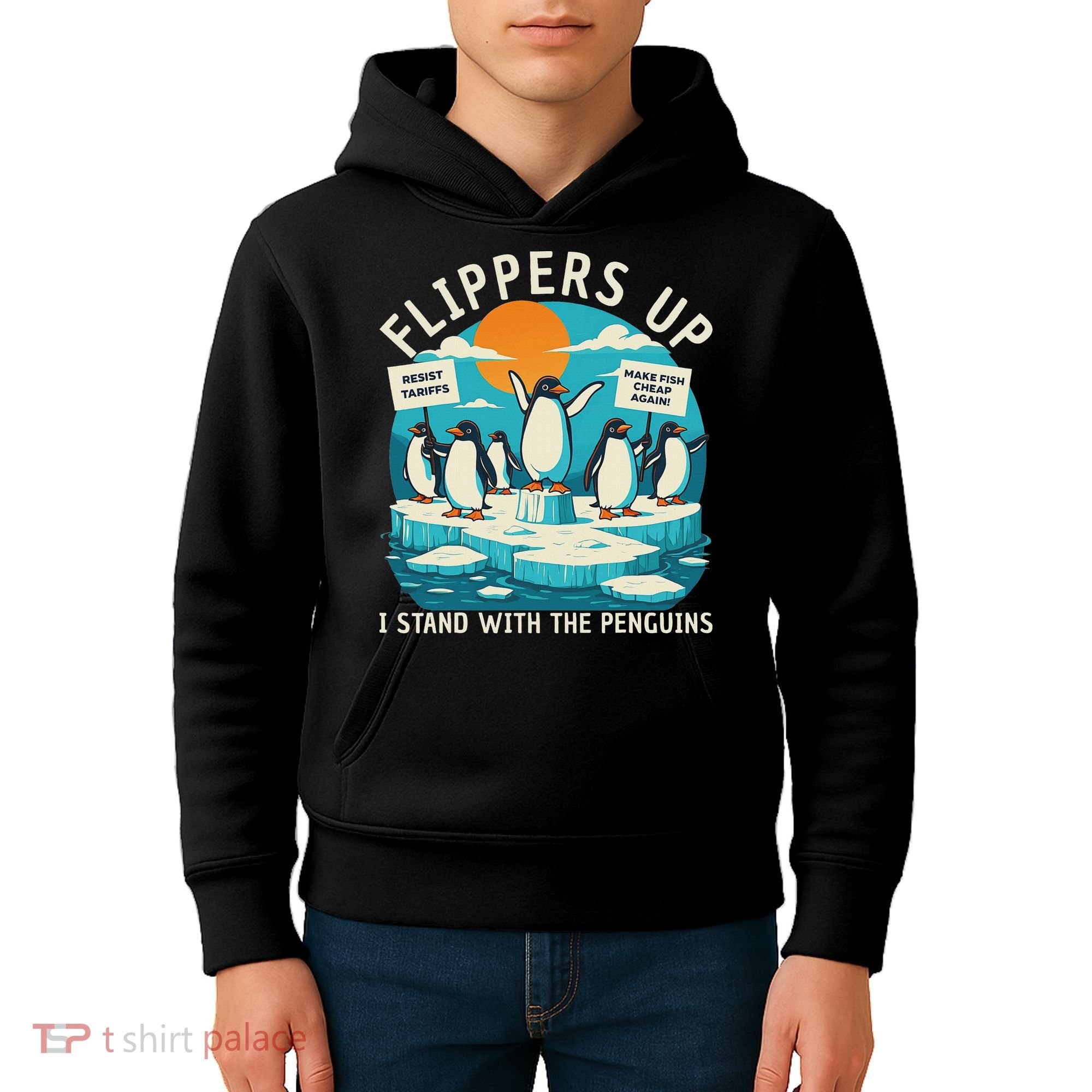 Funny Resist Penguins Protest Penguin Against Tariffs Kids Hoodie