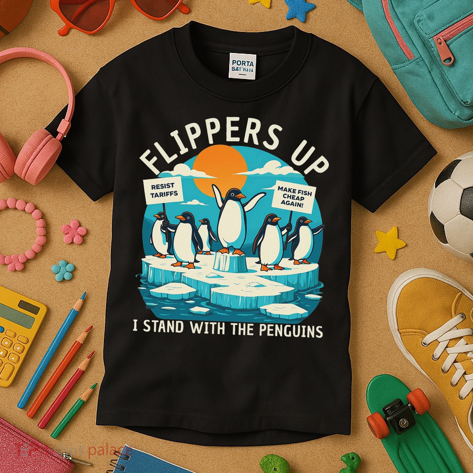 Funny Resist Penguins Protest Penguin Against Tariffs Kids T-Shirt