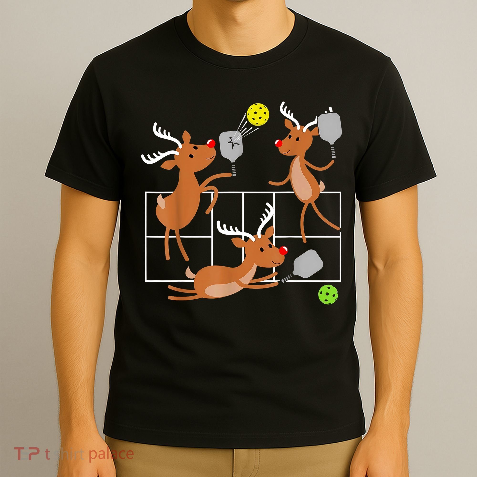 Funny Reindeer Playing Pickleball Christmas Sports Player Gift T-Shirt