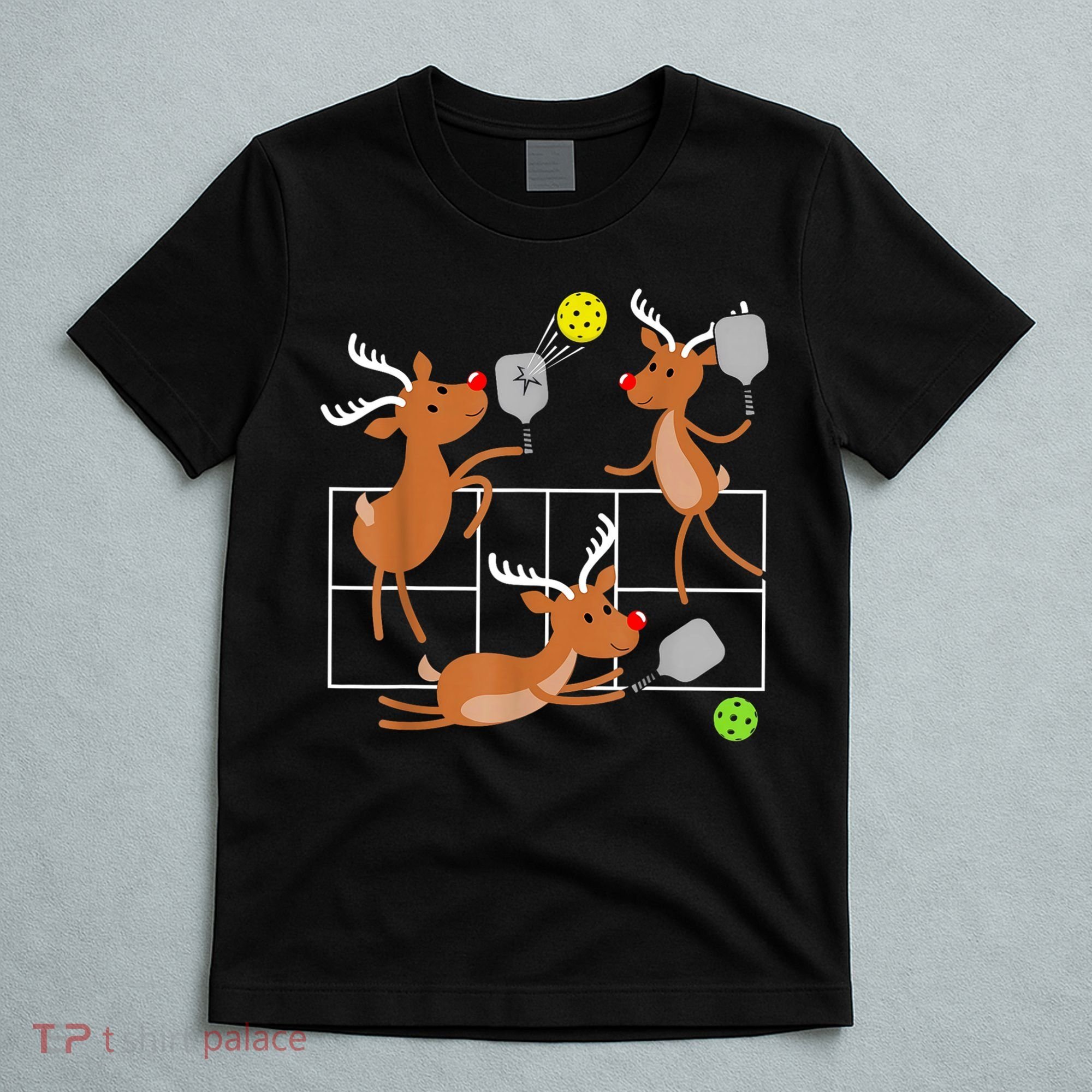 Funny Reindeer Playing Pickleball Christmas Sports Player Gift T-Shirt