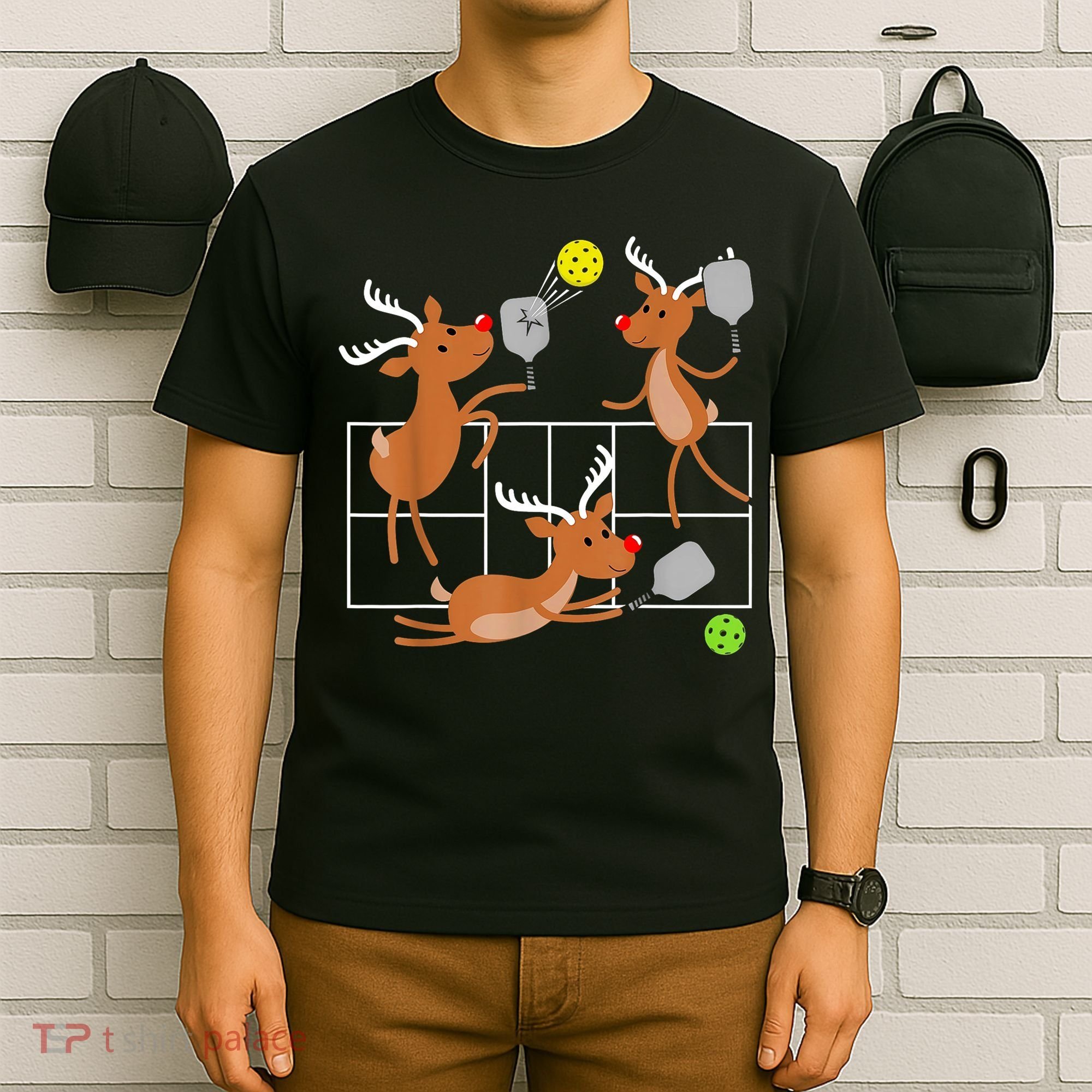 Funny Reindeer Playing Pickleball Christmas Sports Player Gift T-Shirt