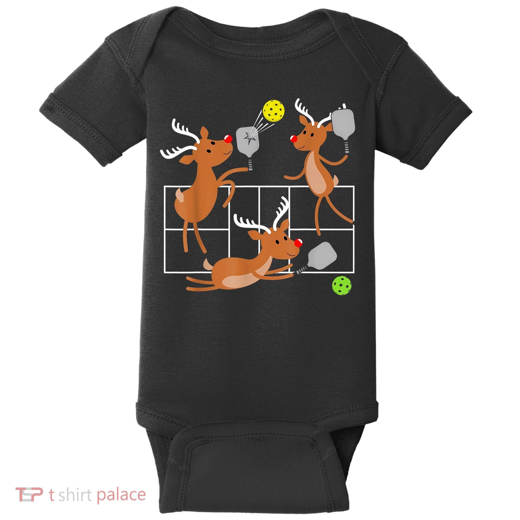 Funny Reindeer Playing Pickleball Christmas Sports Player Gift Baby Bodysuit