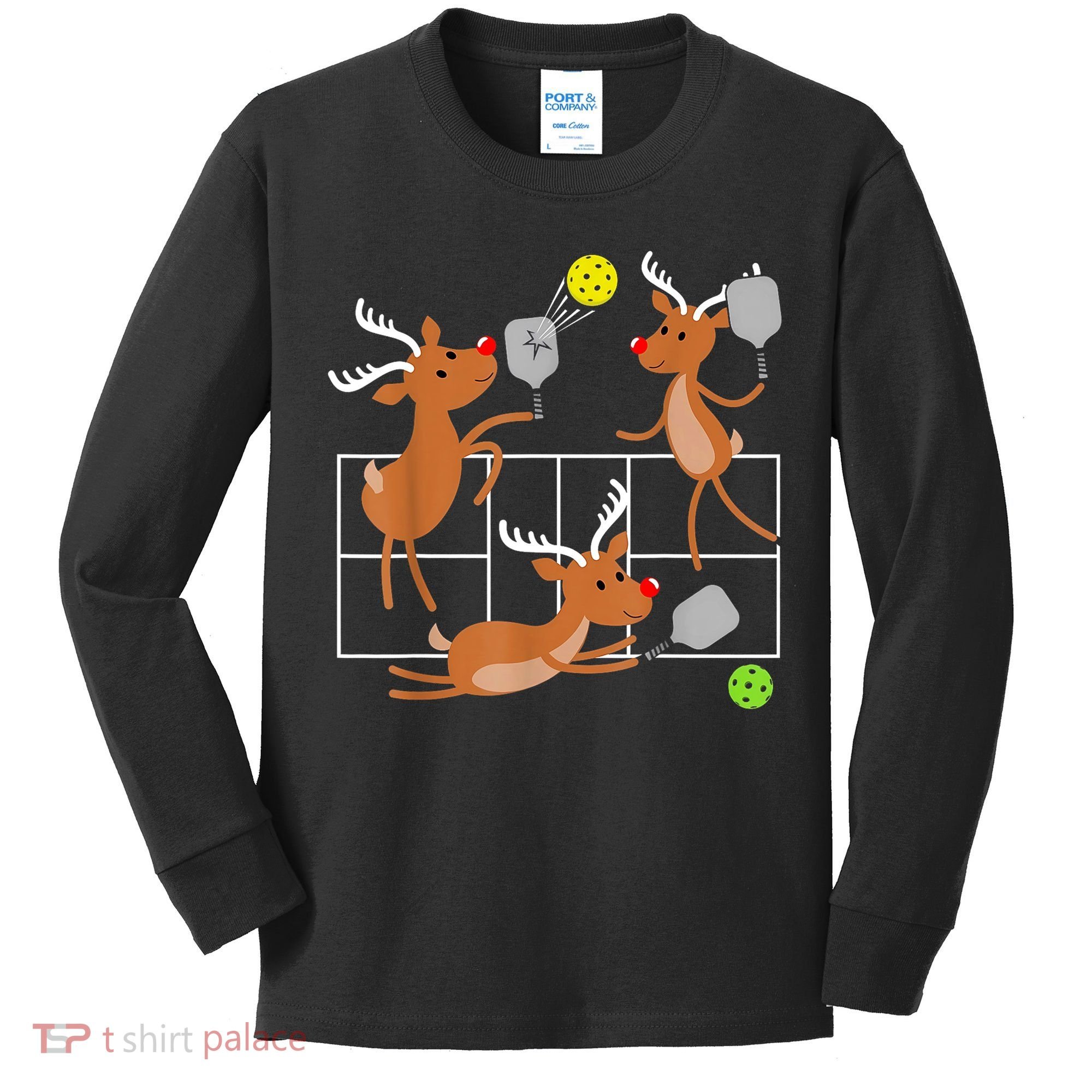 Funny Reindeer Playing Pickleball Christmas Sports Player Gift Kids Long Sleeve Shirt