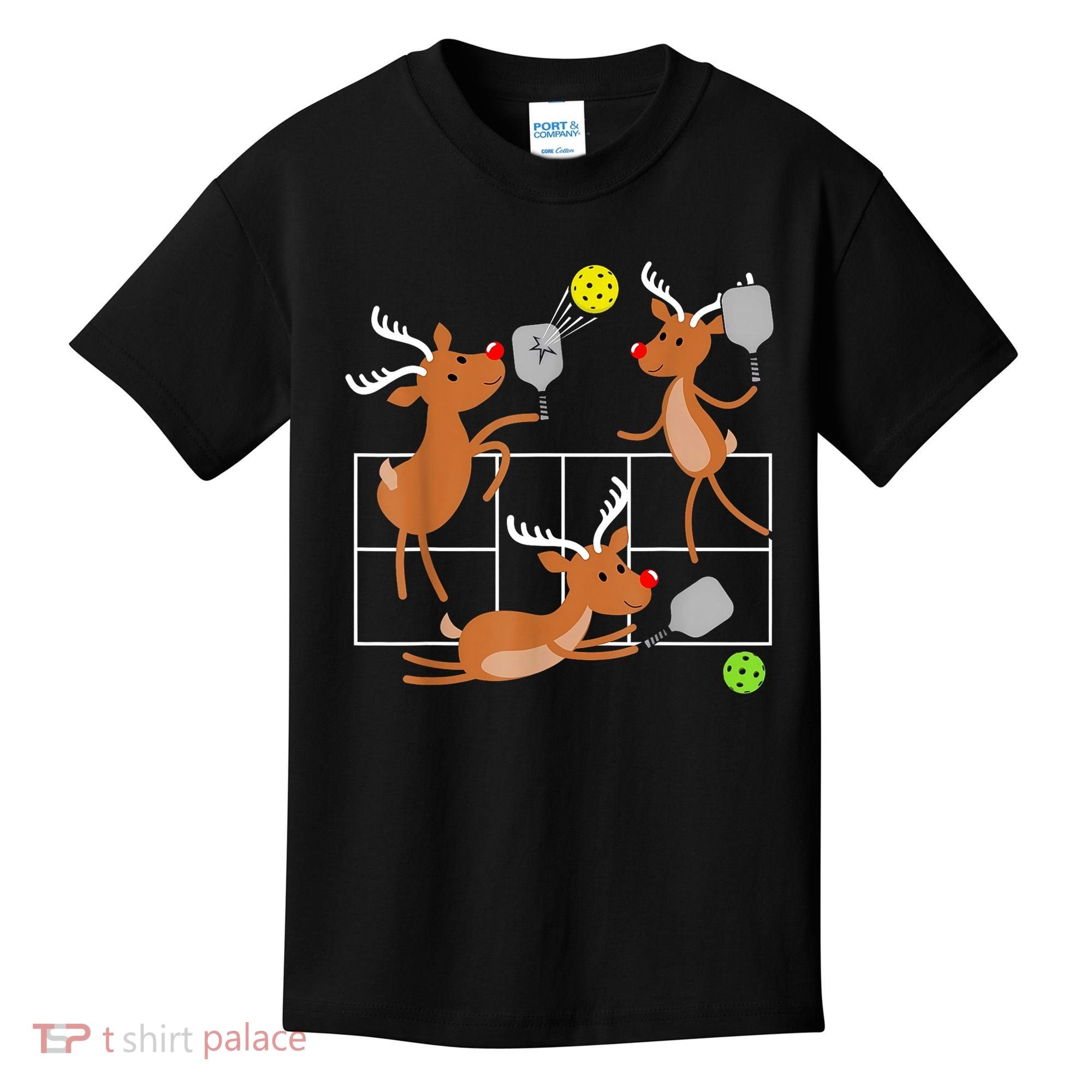 Funny Reindeer Playing Pickleball Christmas Sports Player Gift Kids T-Shirt