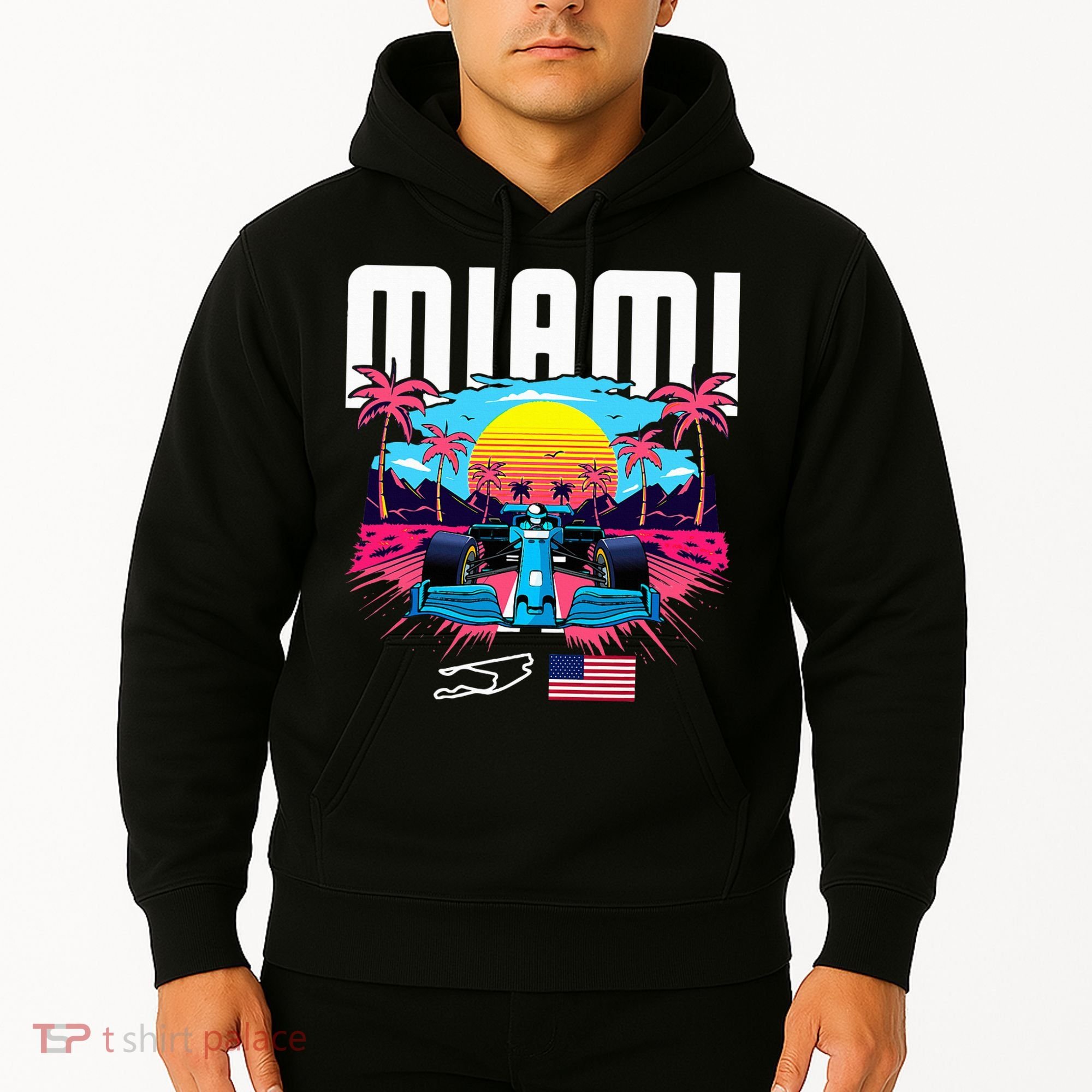 Formula Racing Retro Miami Circuit Usa Flag Race Car Fans Hoodie